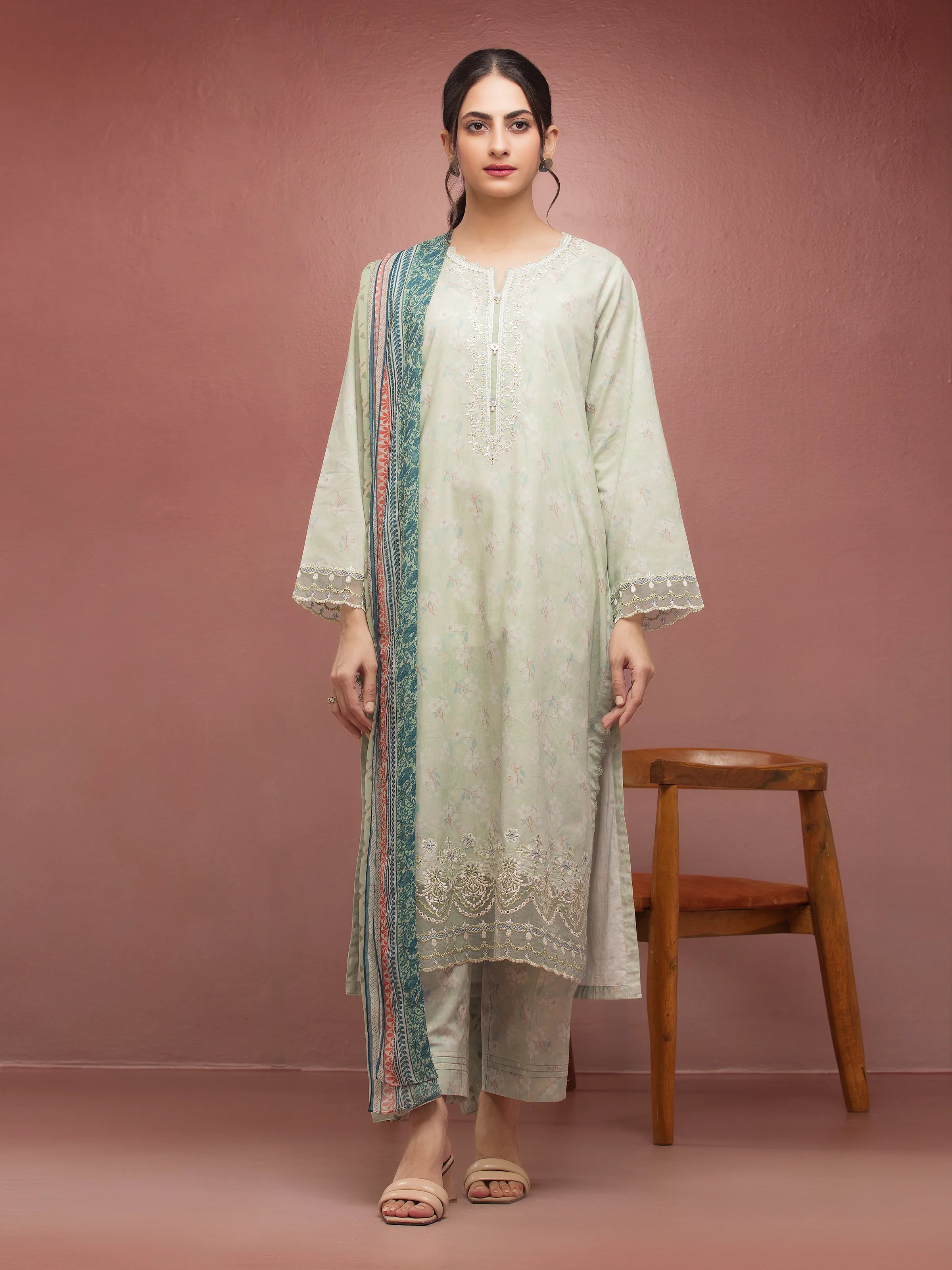 Unstitched Light Green Embroidered Lawn 3 Piece - EWU5V1-31086-3P