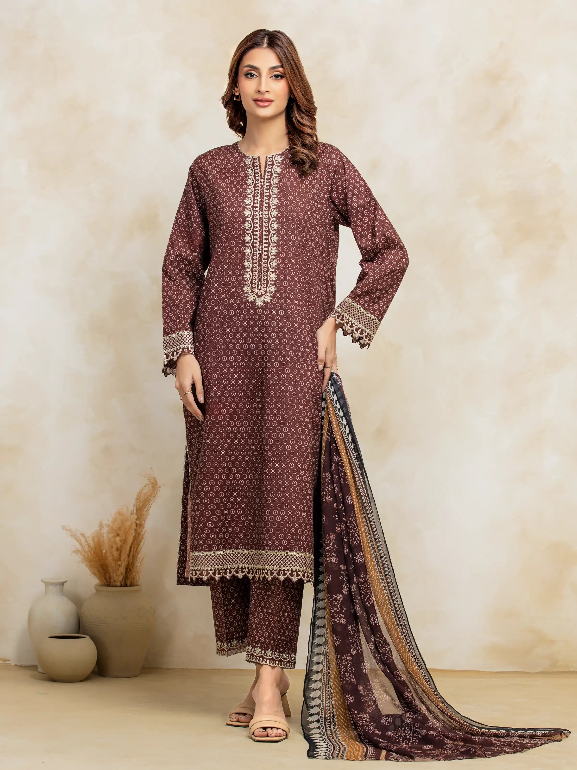 Unstitched Brown Embroidered Lawn 3 Piece - EWU5V1-31087-3P