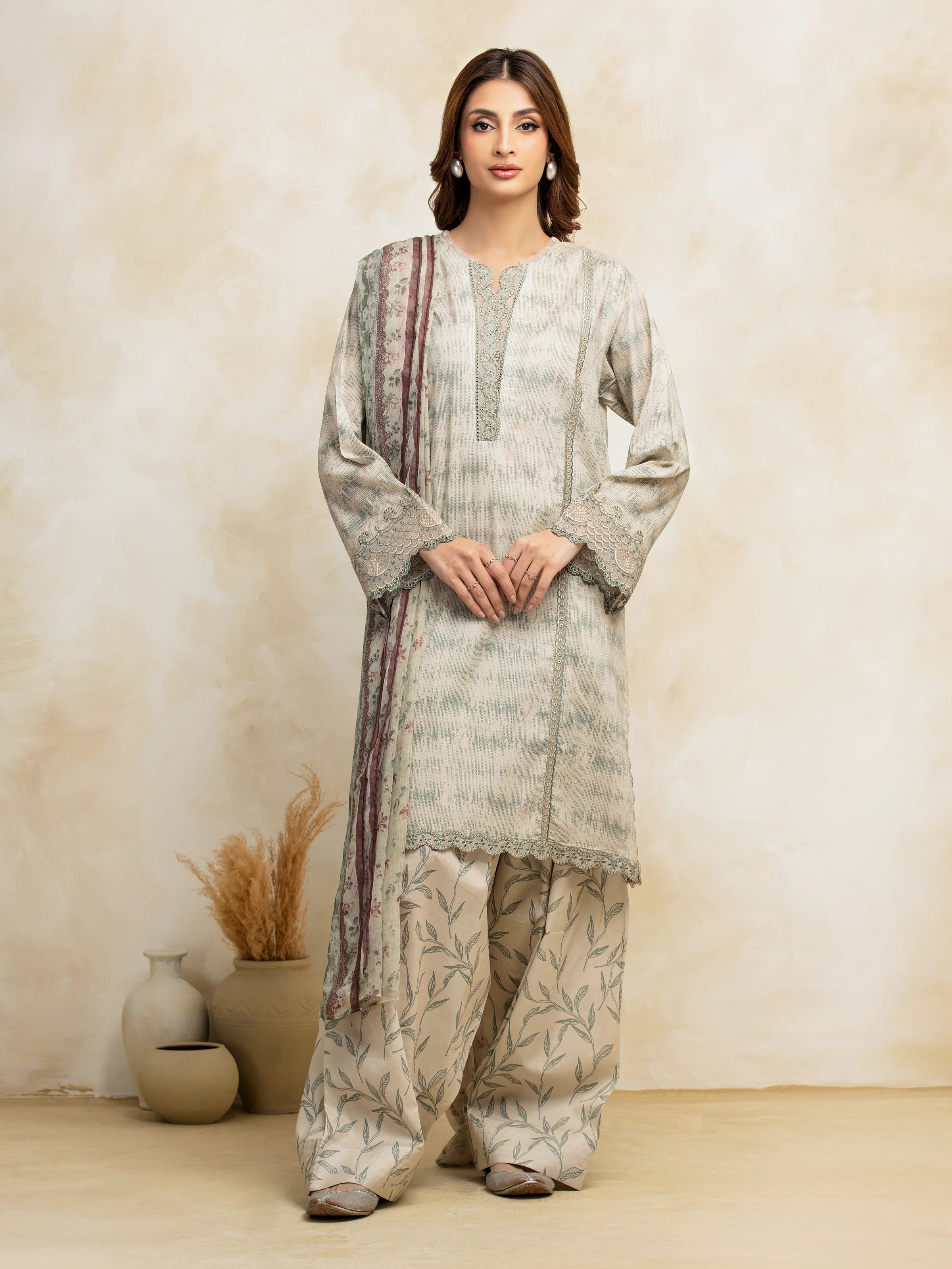 Unstitched Light Beige Embroidered Lawn 3 Piece - EWU5V1-31092-3P