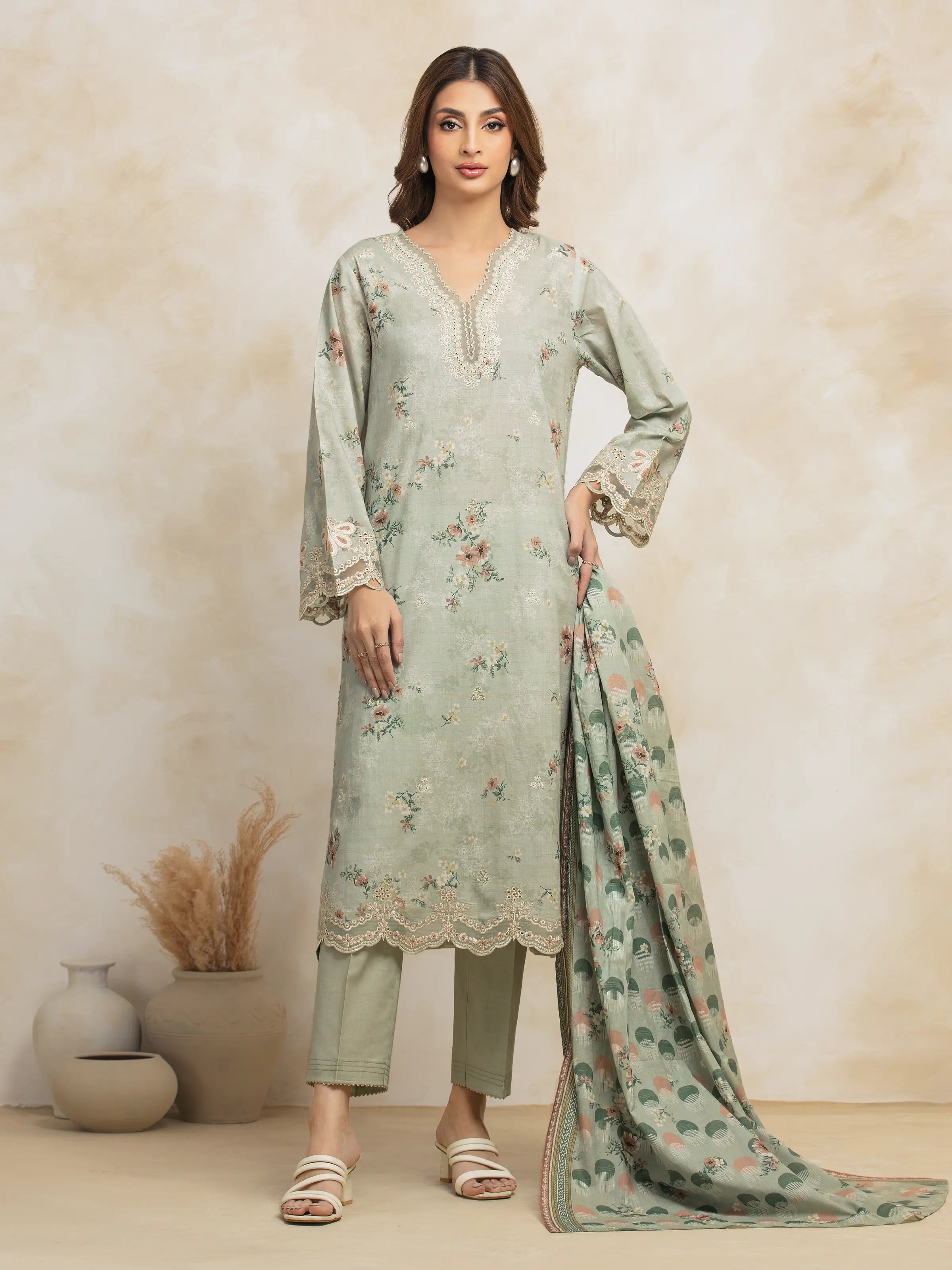 Unstitched Light Green Embroidered Lawn 3 Piece - EWU5V1-31181-3P