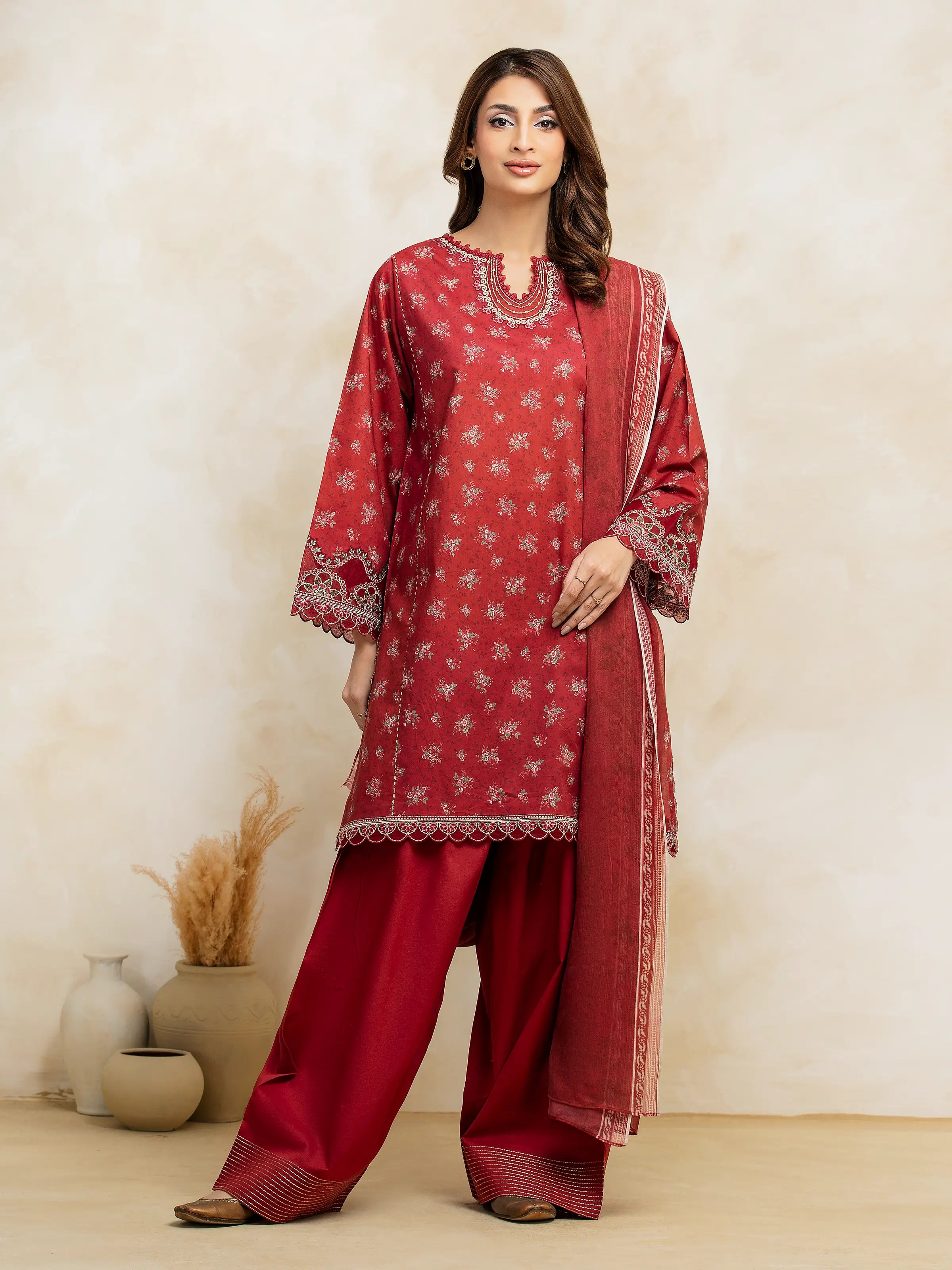 Unstitched Dark Maroon Embroidered Lawn 3 Piece - EWU5V1-31186-3P