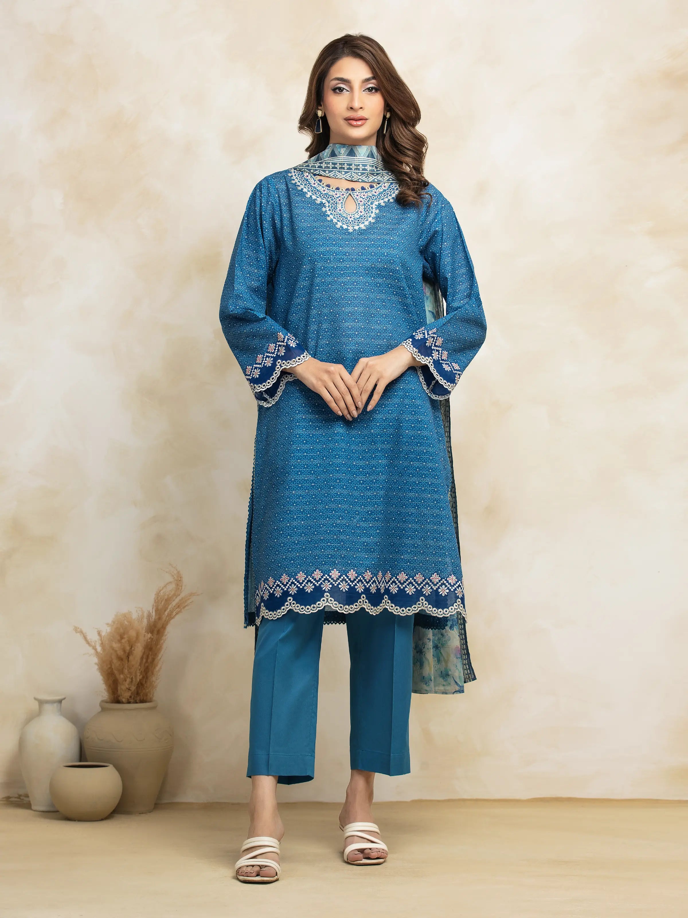 Unstitched Blue Embroidered Lawn 3 Piece - EWU5V1-31187-3P