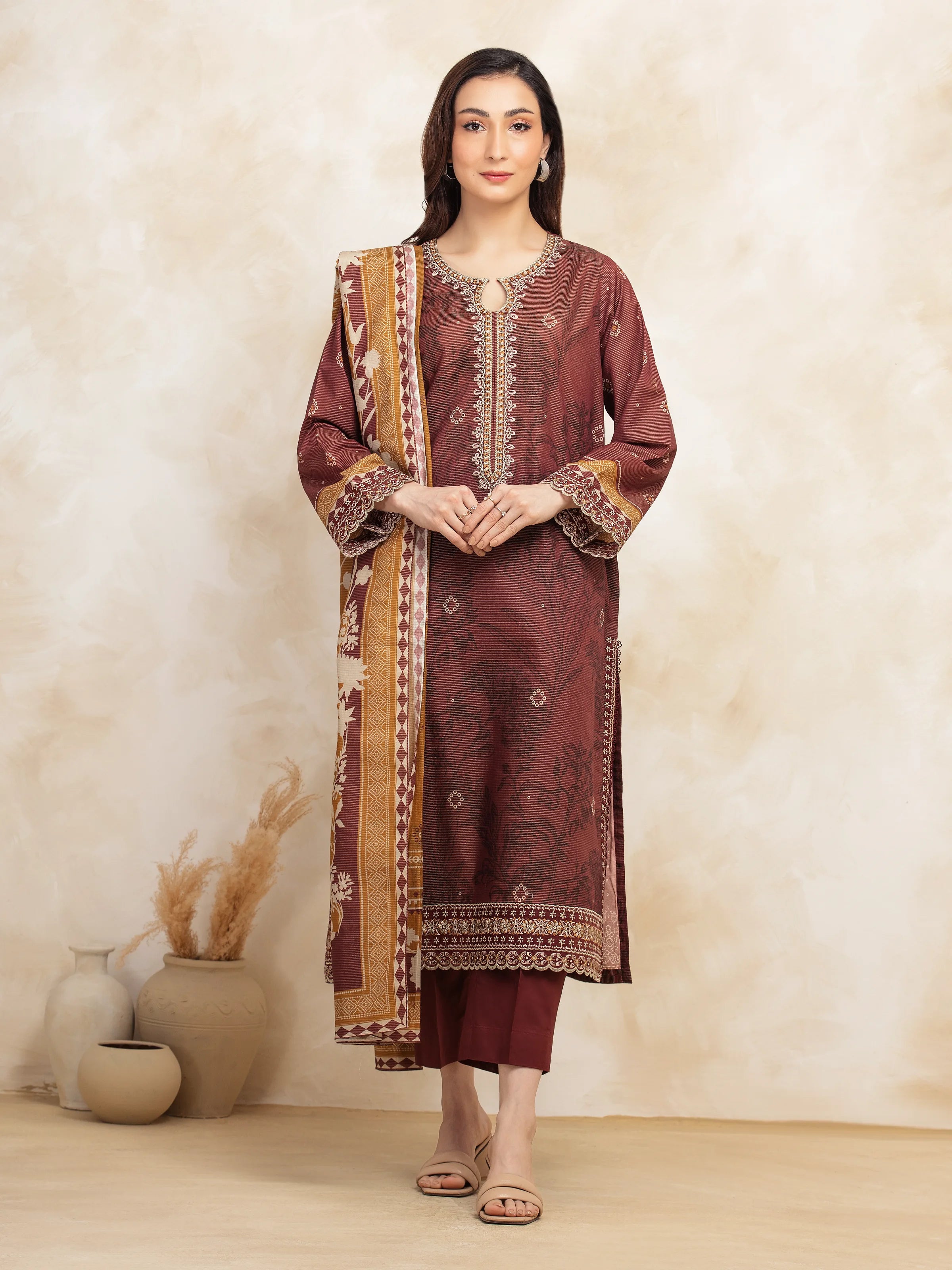 Unstitched Burgundy Embroidered Lawn 3 Piece - EWU5V1-31192-3P