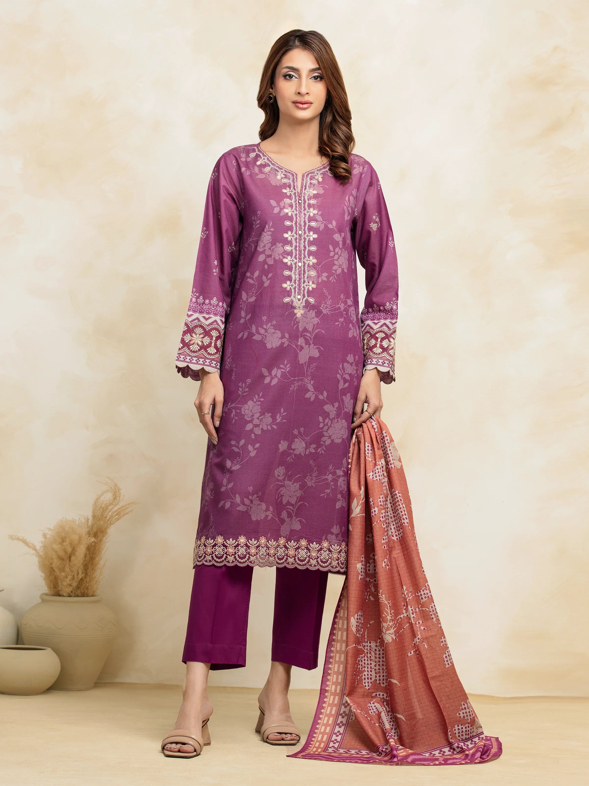 Unstitched Magenta Embroidered Lawn 3 Piece - EWU5V1-31207-3P