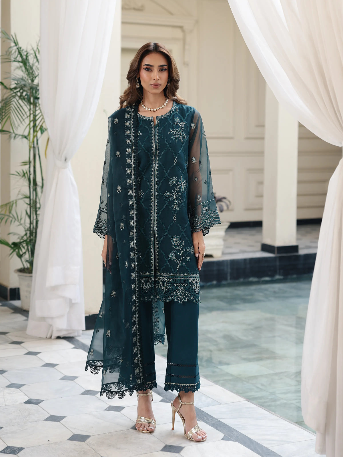 Unstitched Dark Teal Embroidered Organza 3 Piece - EWU5V4-31273-3P