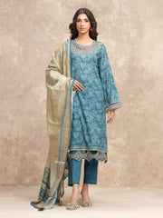 Unstitched Turquoise Embroidered Zari Lawn Suit - EWU5V1-31879-3P