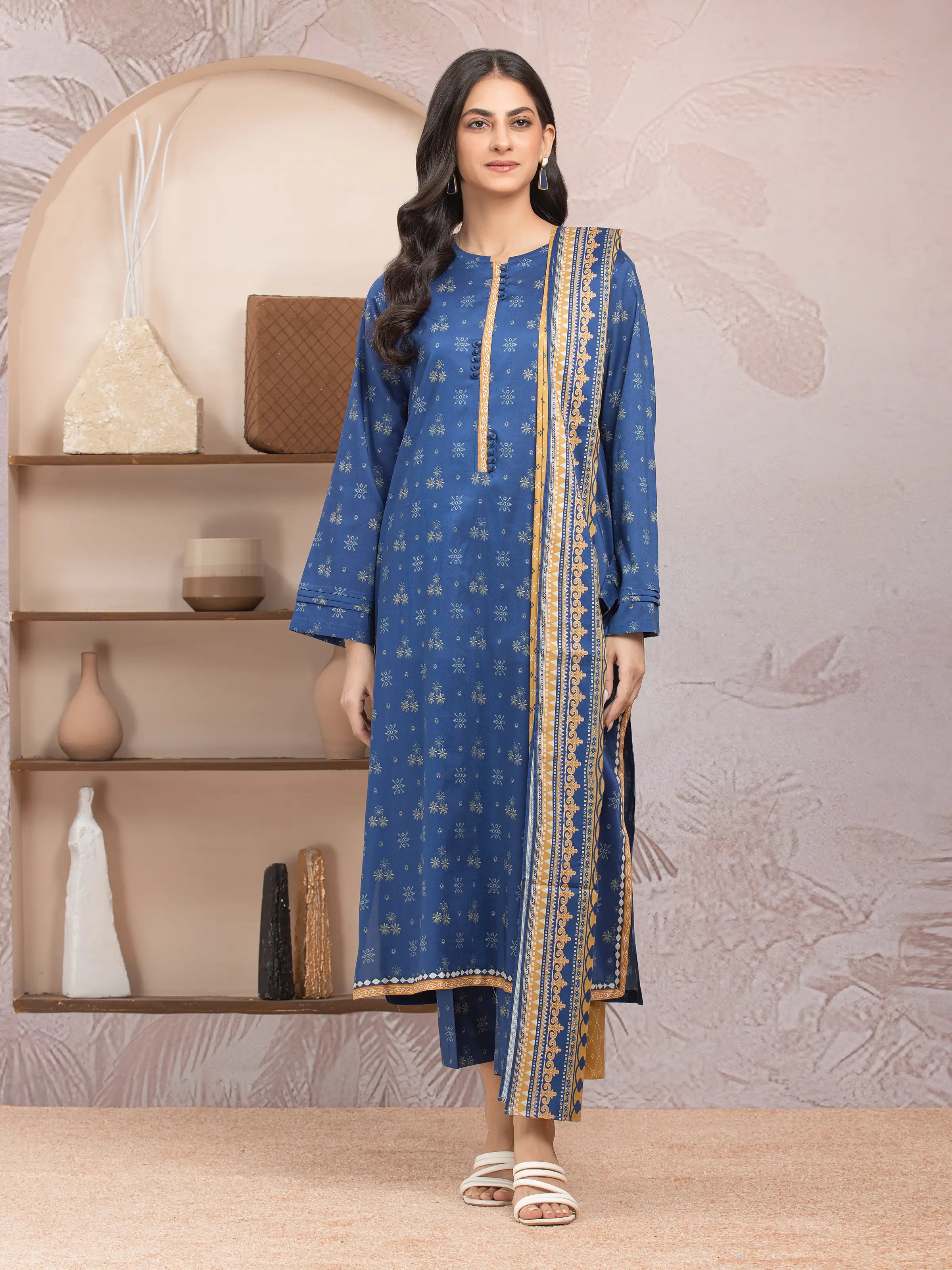 Unstitched Blue Printed Lawn 3 Piece - EWU5A1-35001-3P