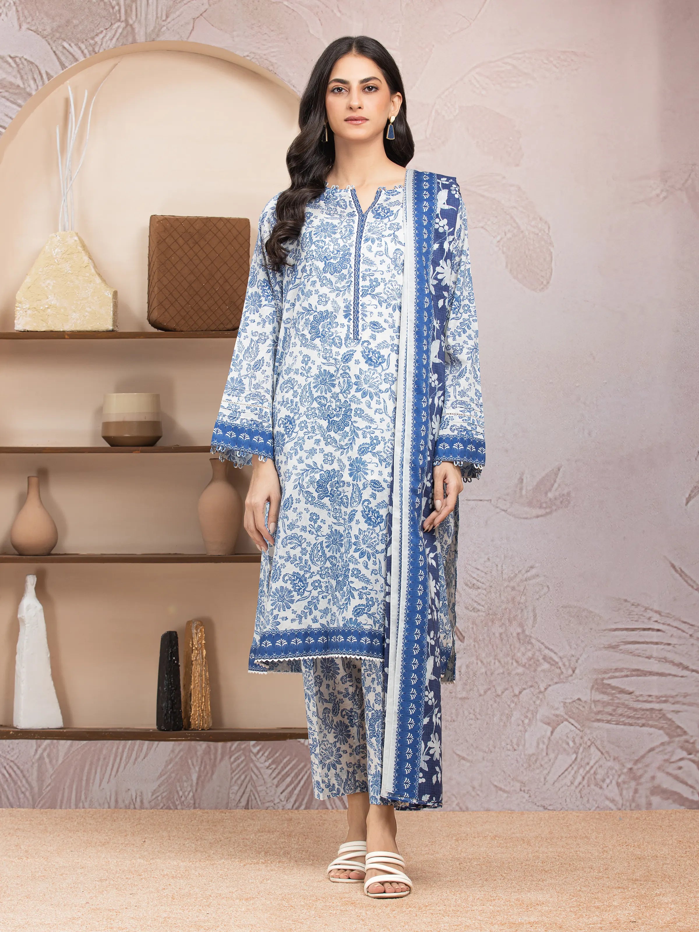 Unstitched White & Blue Printed Lawn 3 Piece - EWU5A1-35023-3P