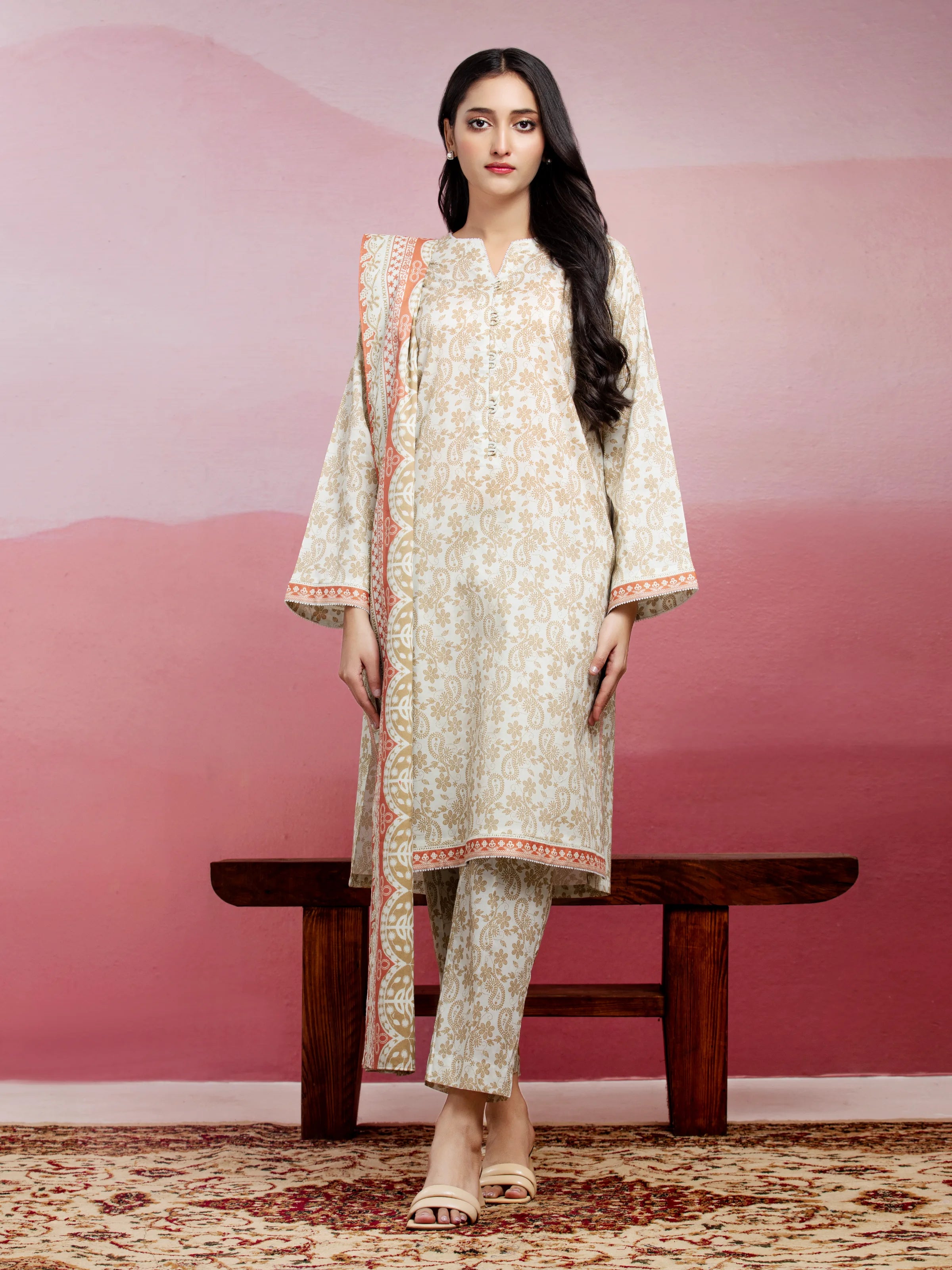 Unstitched Cream Printed Lawn 3 Piece - EWU5A1-35038-3P