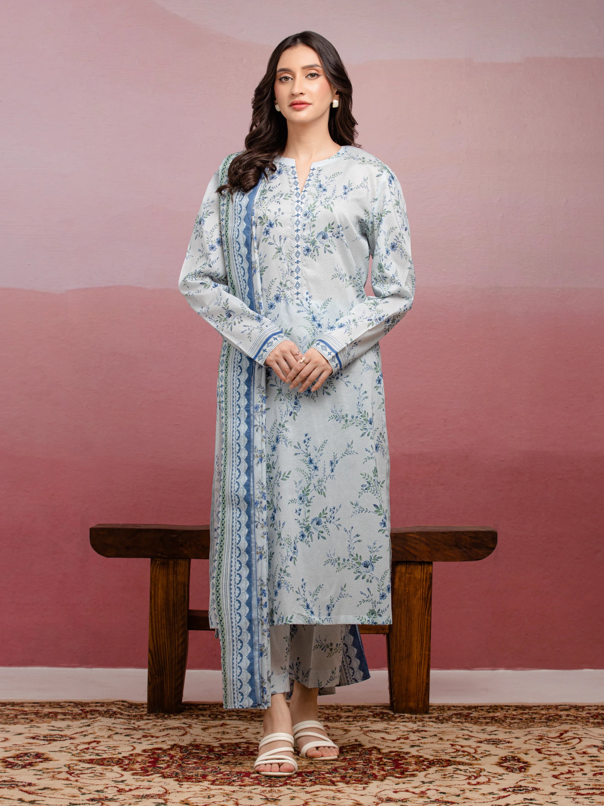 Unstitched Ice Blue Printed Lawn 3 Piece - EWU5A1-35040-3P