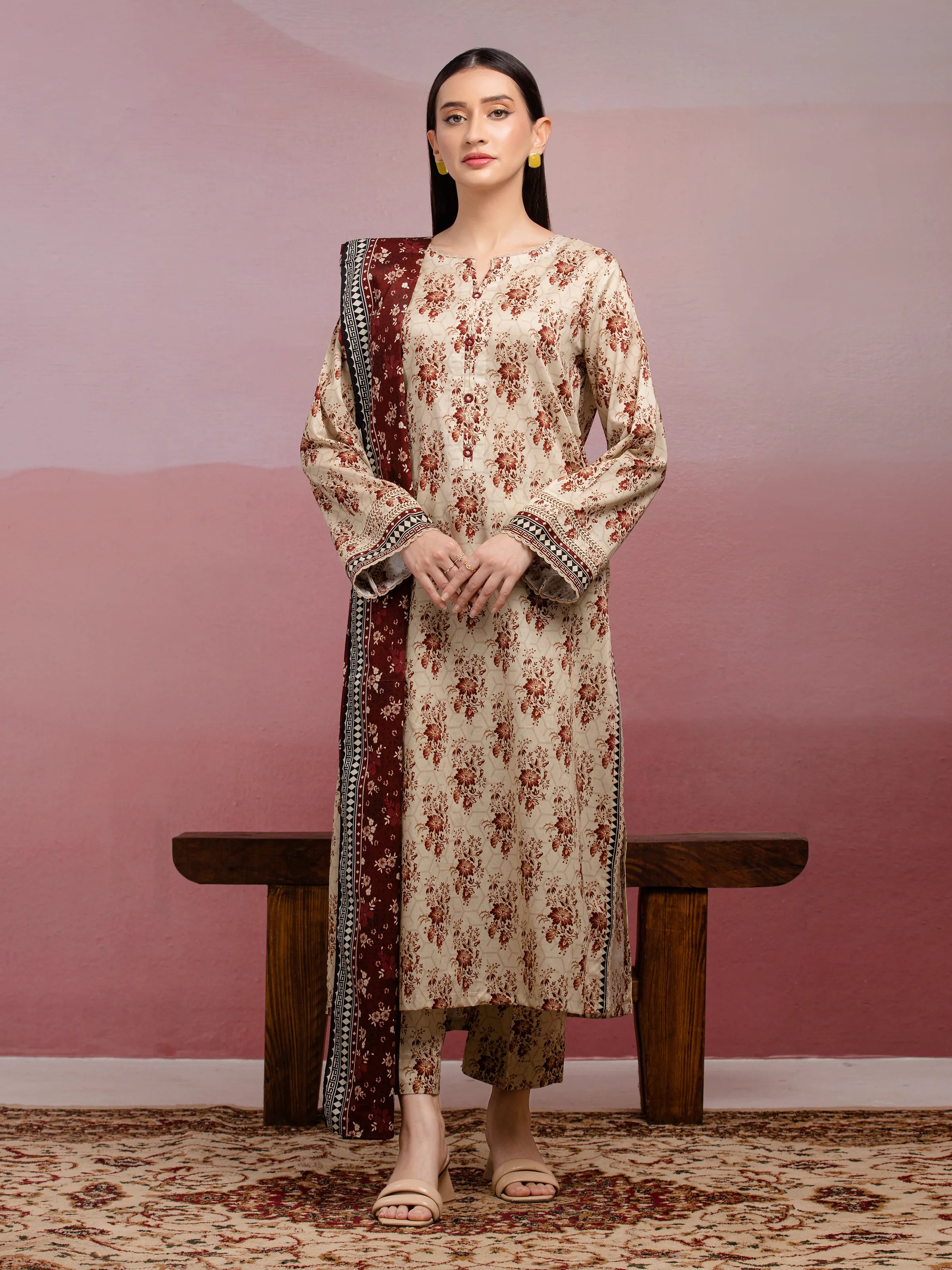 Unstitched Dark Cream Printed Lawn 3 Piece - EWU5A1-35047-3P