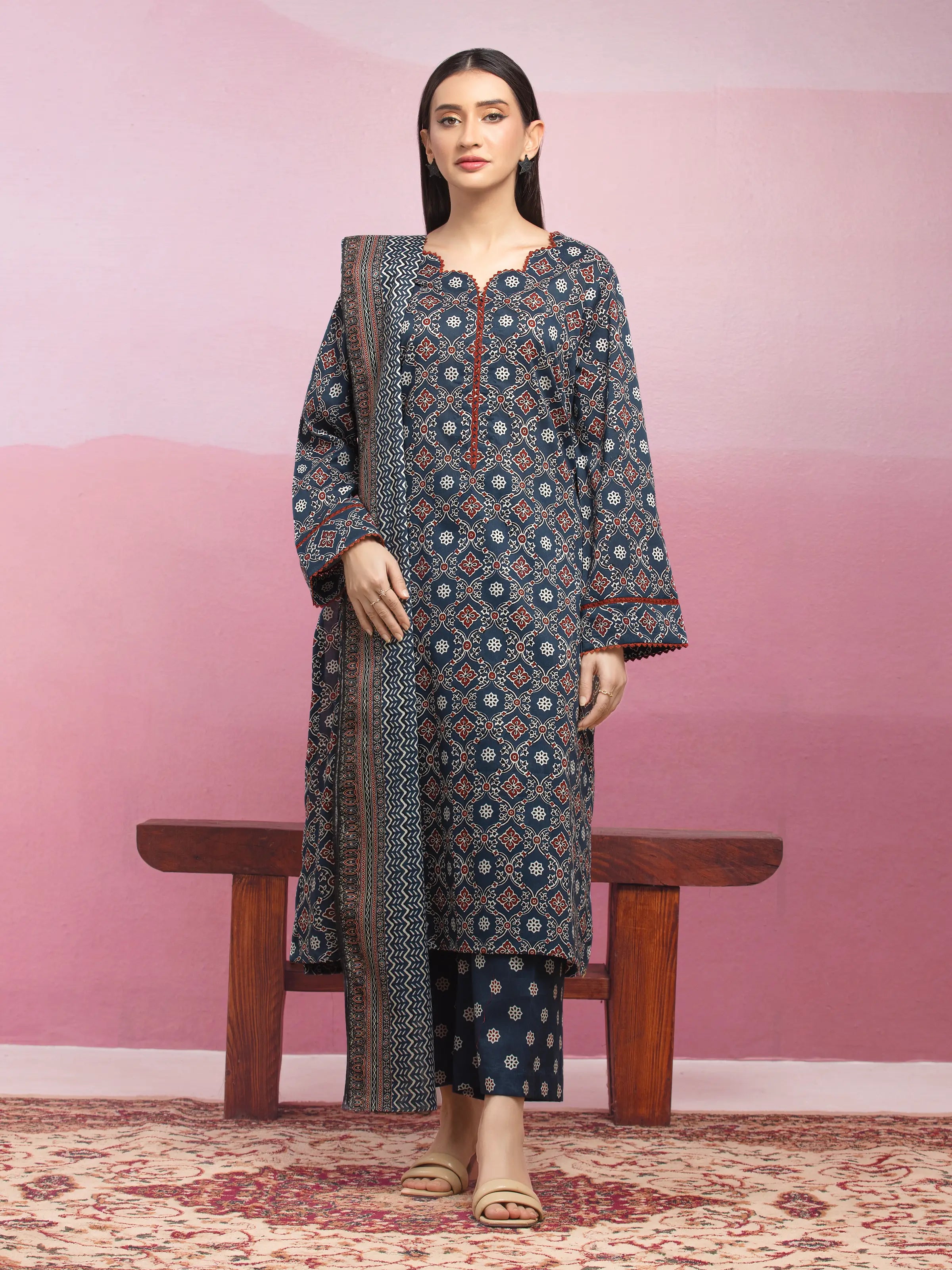 Unstitched Navy Blue Printed Lawn 3 Piece - EWU5A1-35052-3P