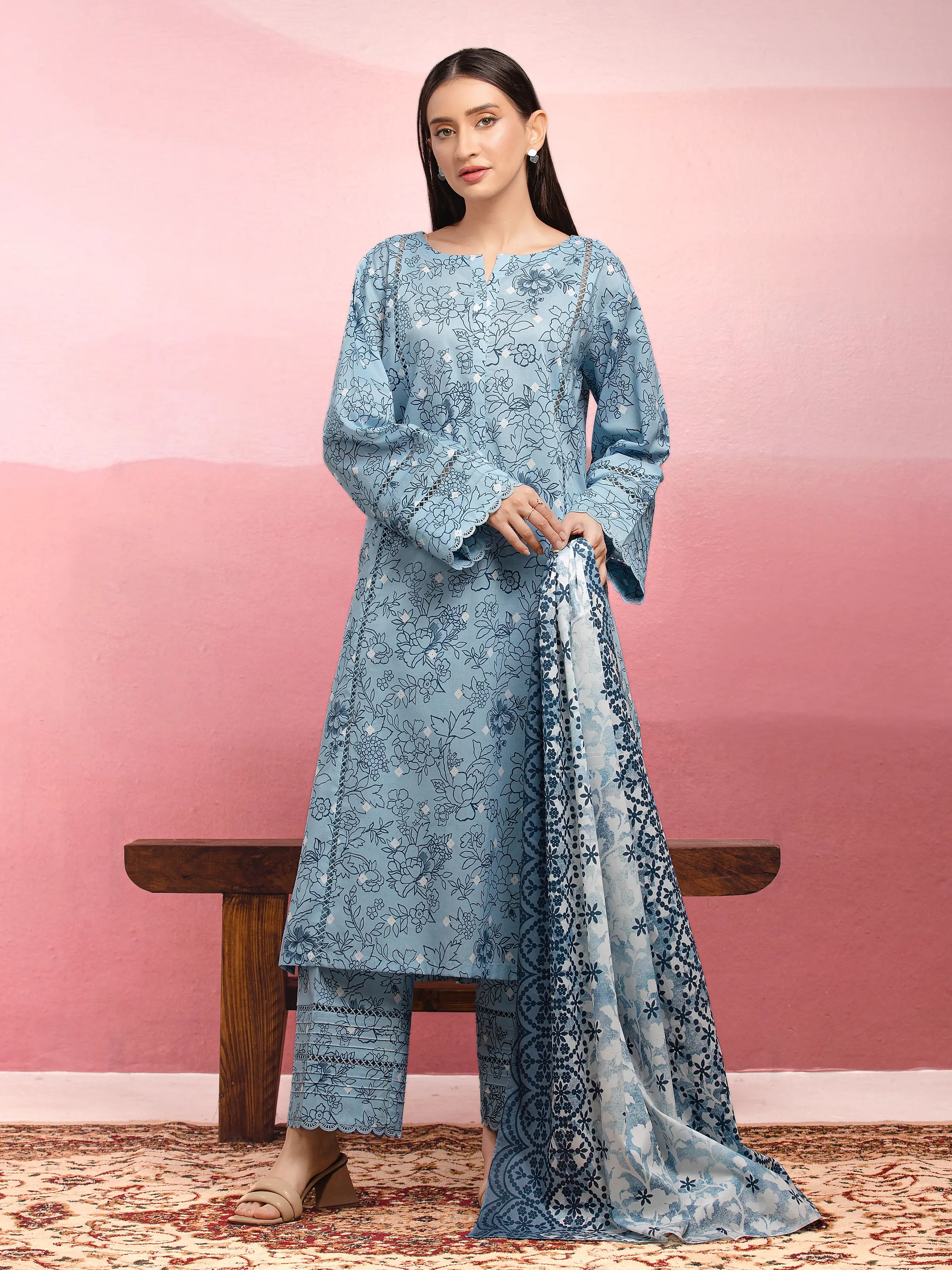 Unstitched Sky Blue Printed Lawn 3 Piece - EWU5A1-35055-3P