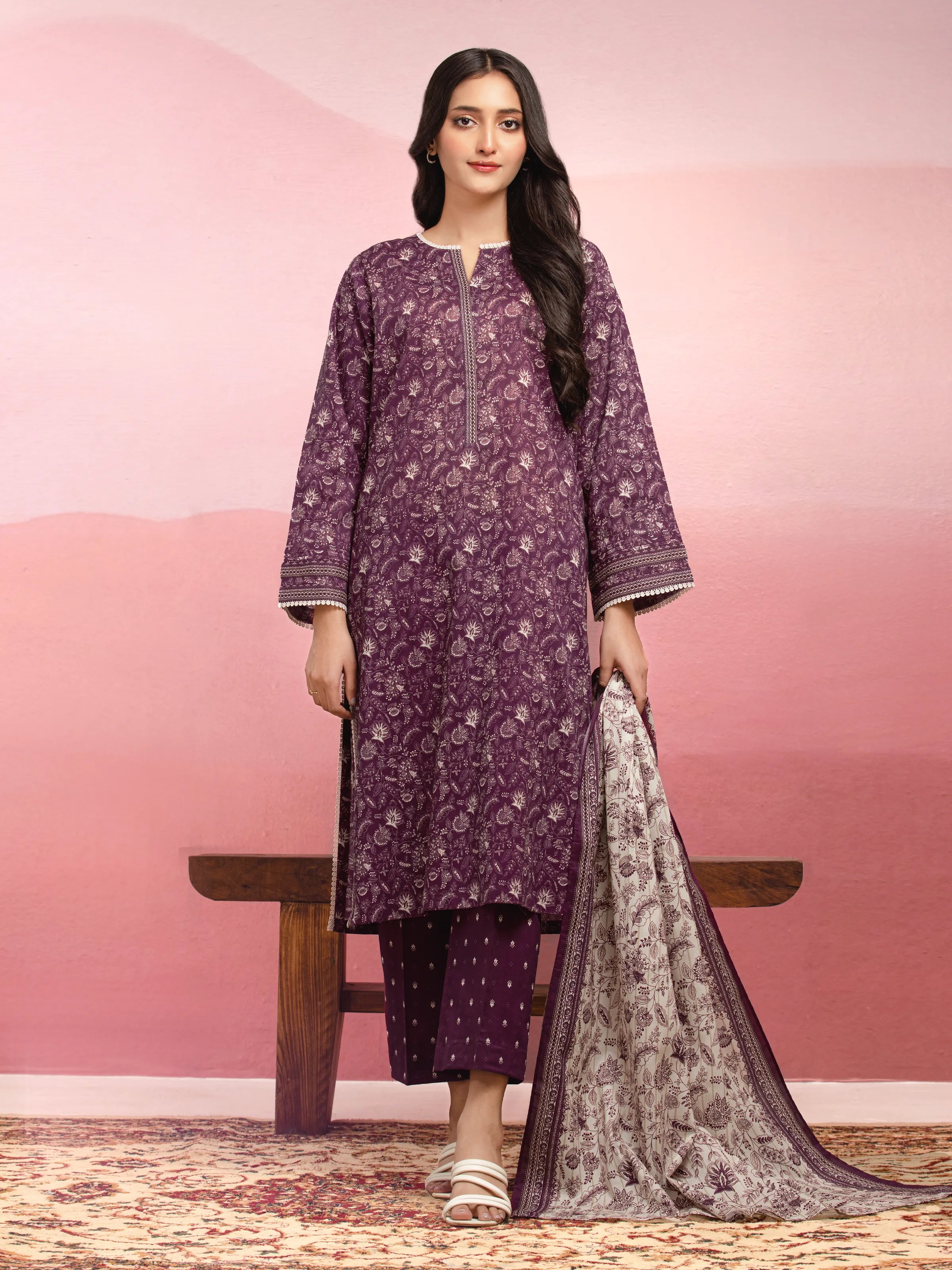 Unstitched Plum Printed Lawn 3 Piece - EWU5A1-35059-3P