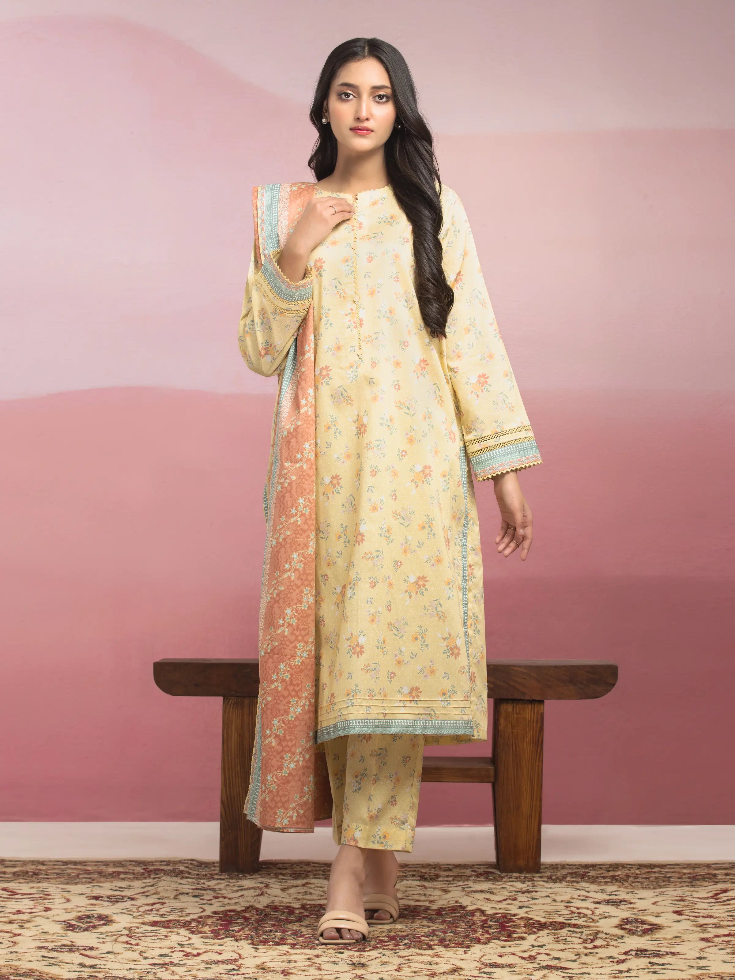 Unstitched Light Yellow Printed Lawn 3 Piece - EWU5A1-35065-3P