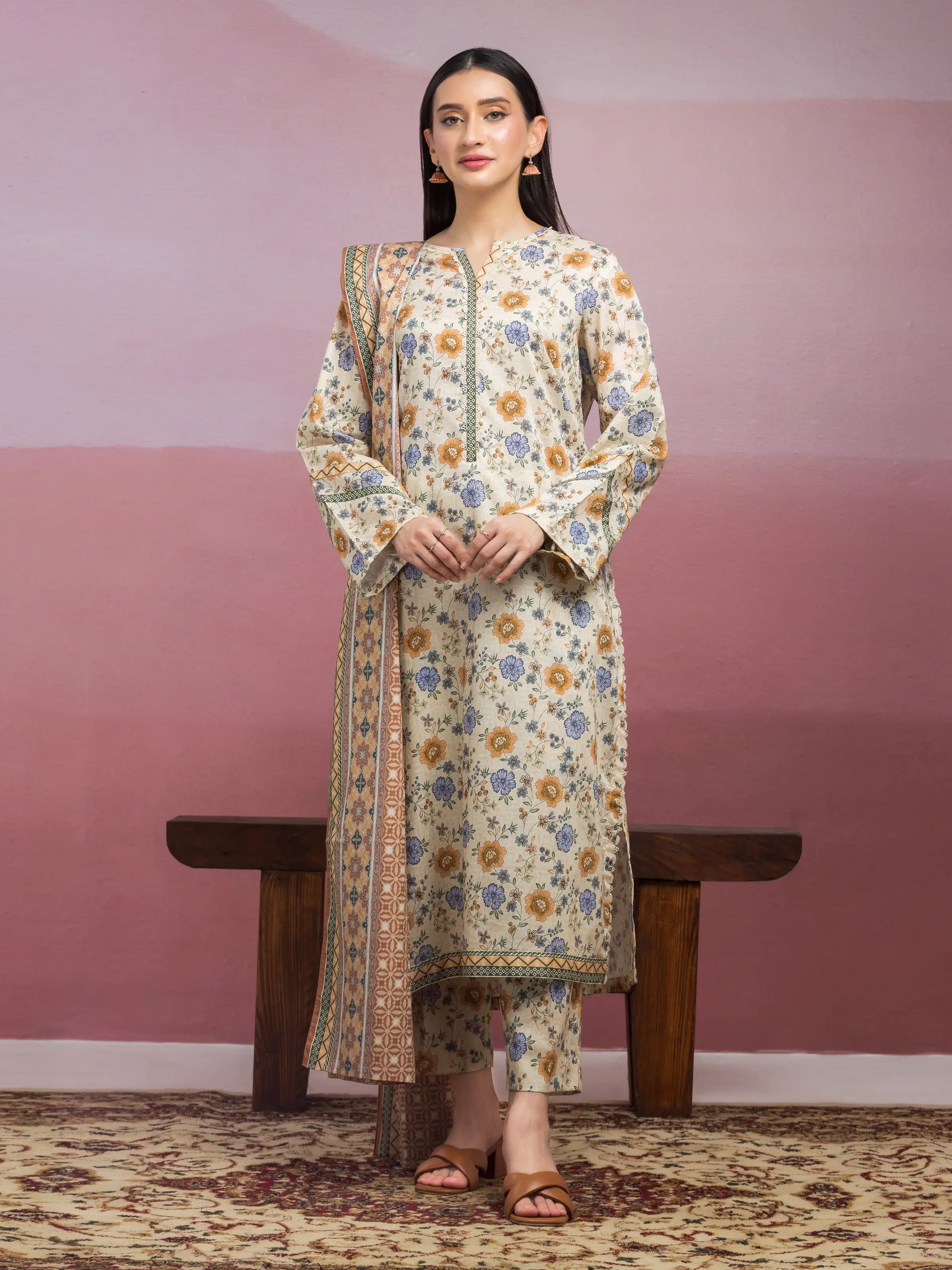 Unstitched Beige Printed Lawn 3 Piece - EWU5A1-35066-3P