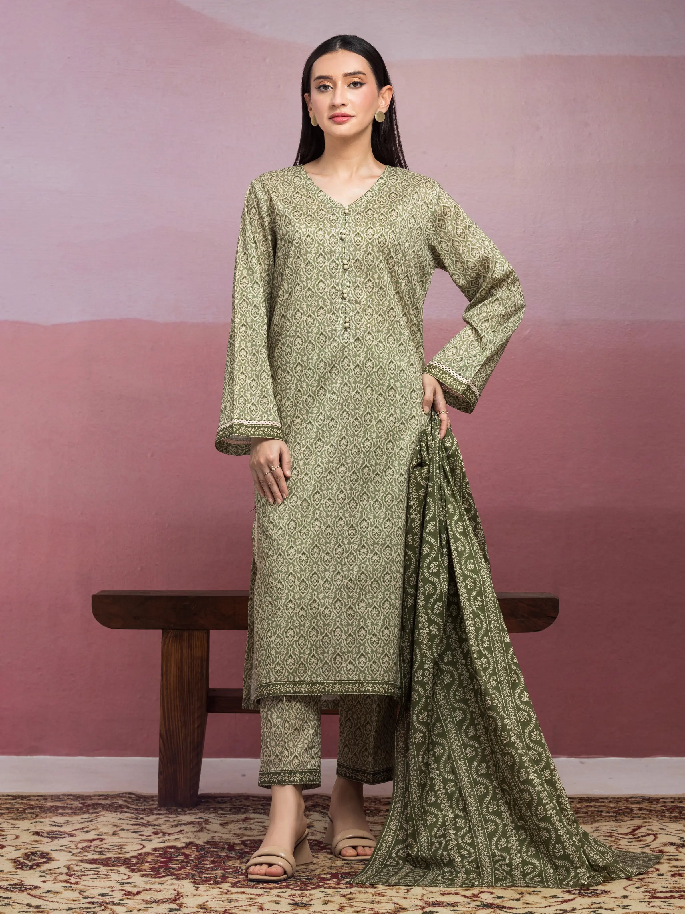 Unstitched Green Printed Lawn 3 Piece - EWU5A1-35077-3P