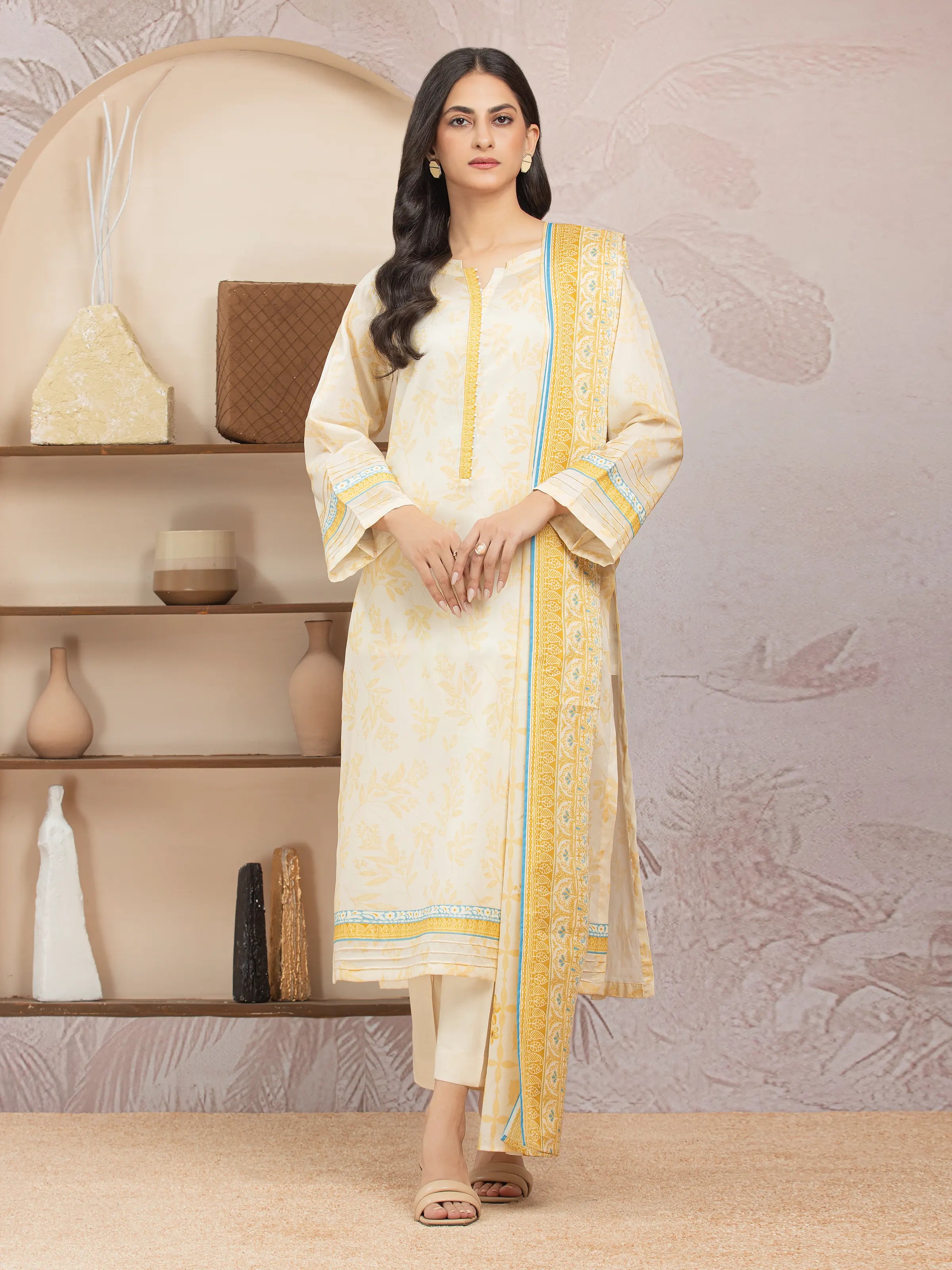 Unstitched Cream Printed Lawn 3 Piece - EWU5A1-35201-3P