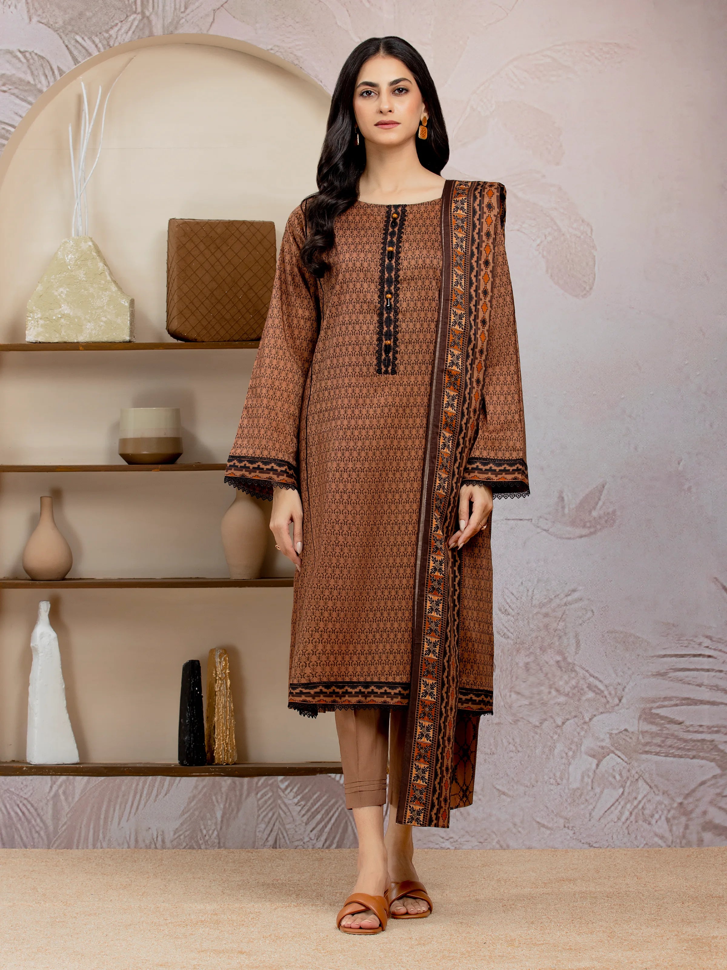 Unstitched Brown Printed Lawn 3 Piece - EWU5A1-35212-3P