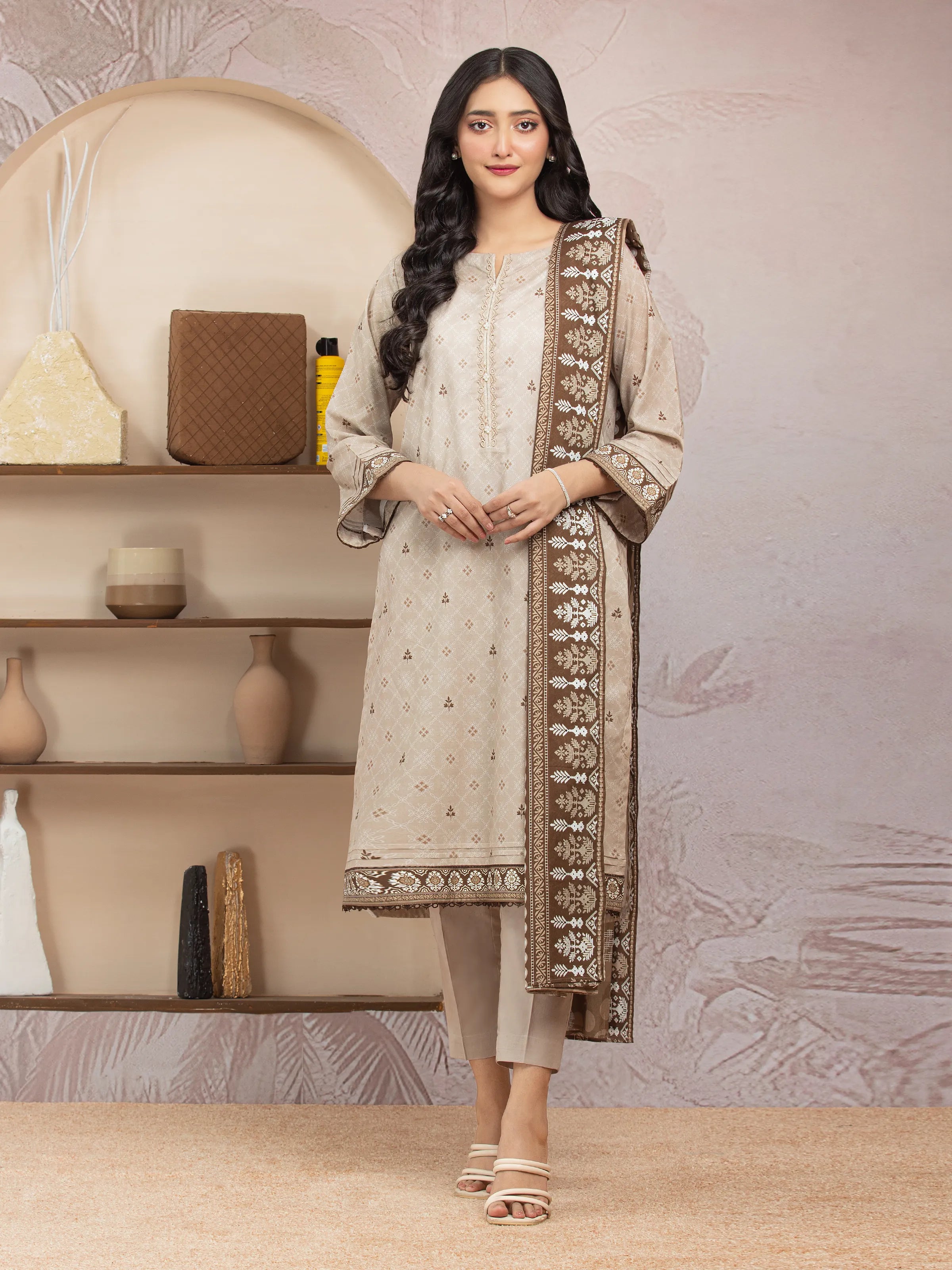 Unstitched Beige Printed Lawn 3 Piece - EWU5A1-35214-3P