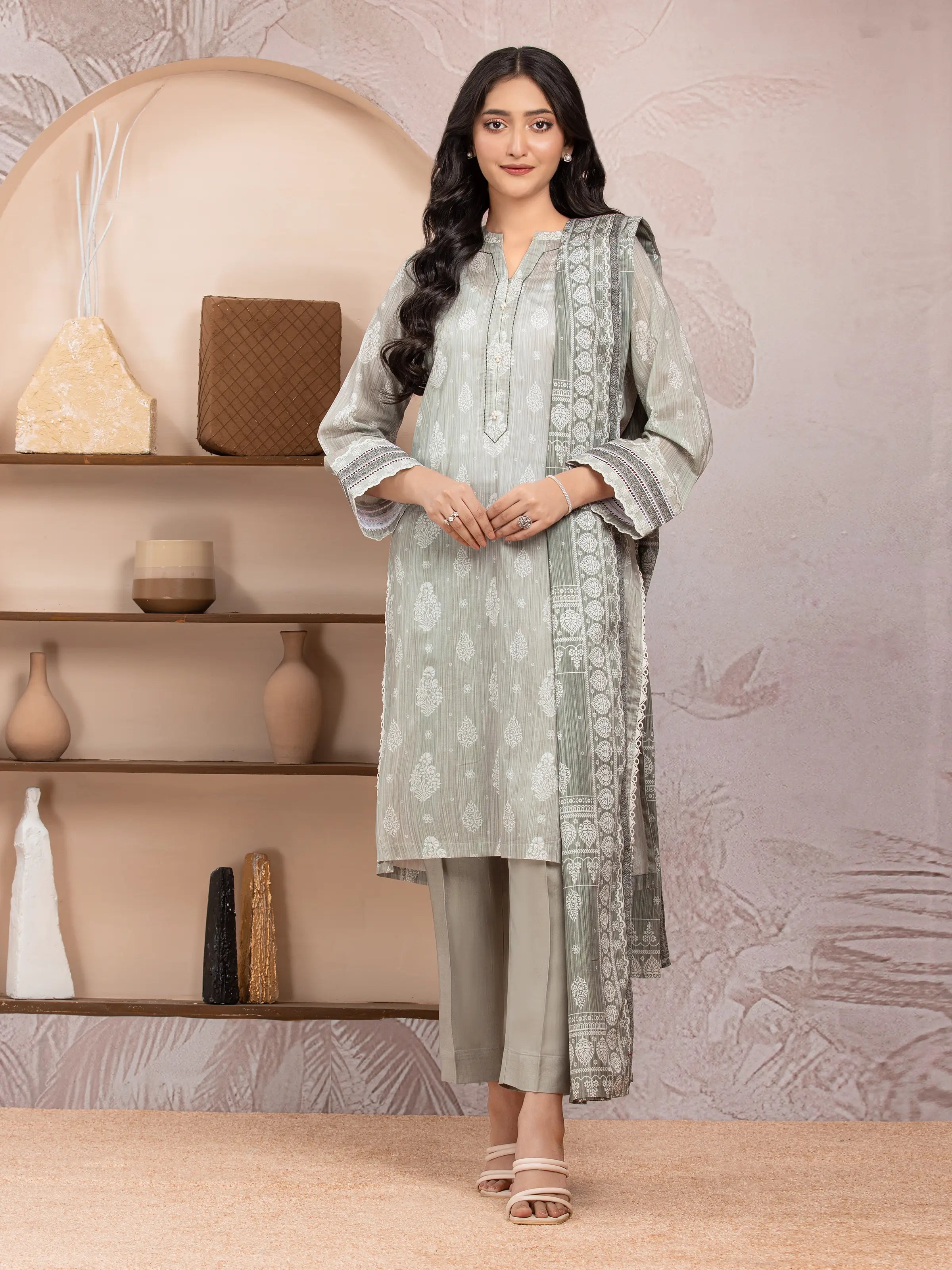 Unstitched Dark Sage Printed Lawn 3 Piece - EWU5A1-35218-3P