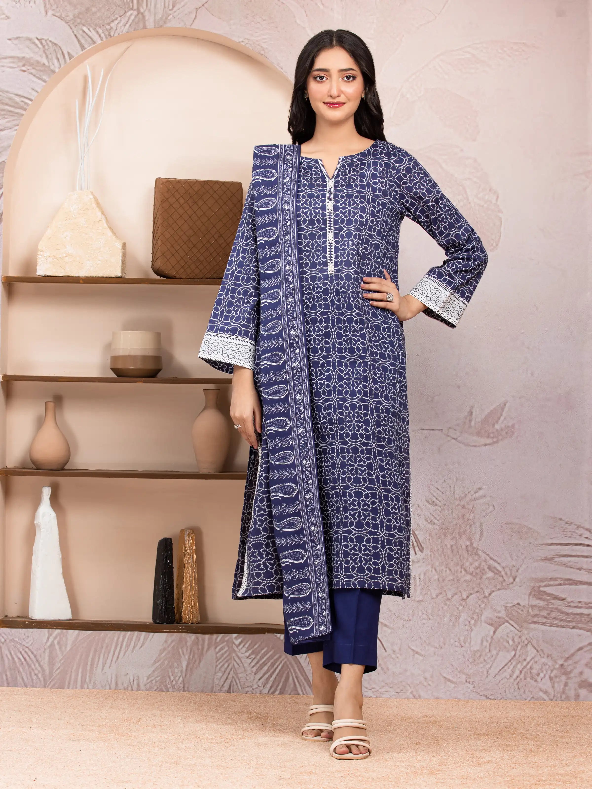 Unstitched Navy Blue Printed Lawn 3 Piece - EWU5A1-35222-3P