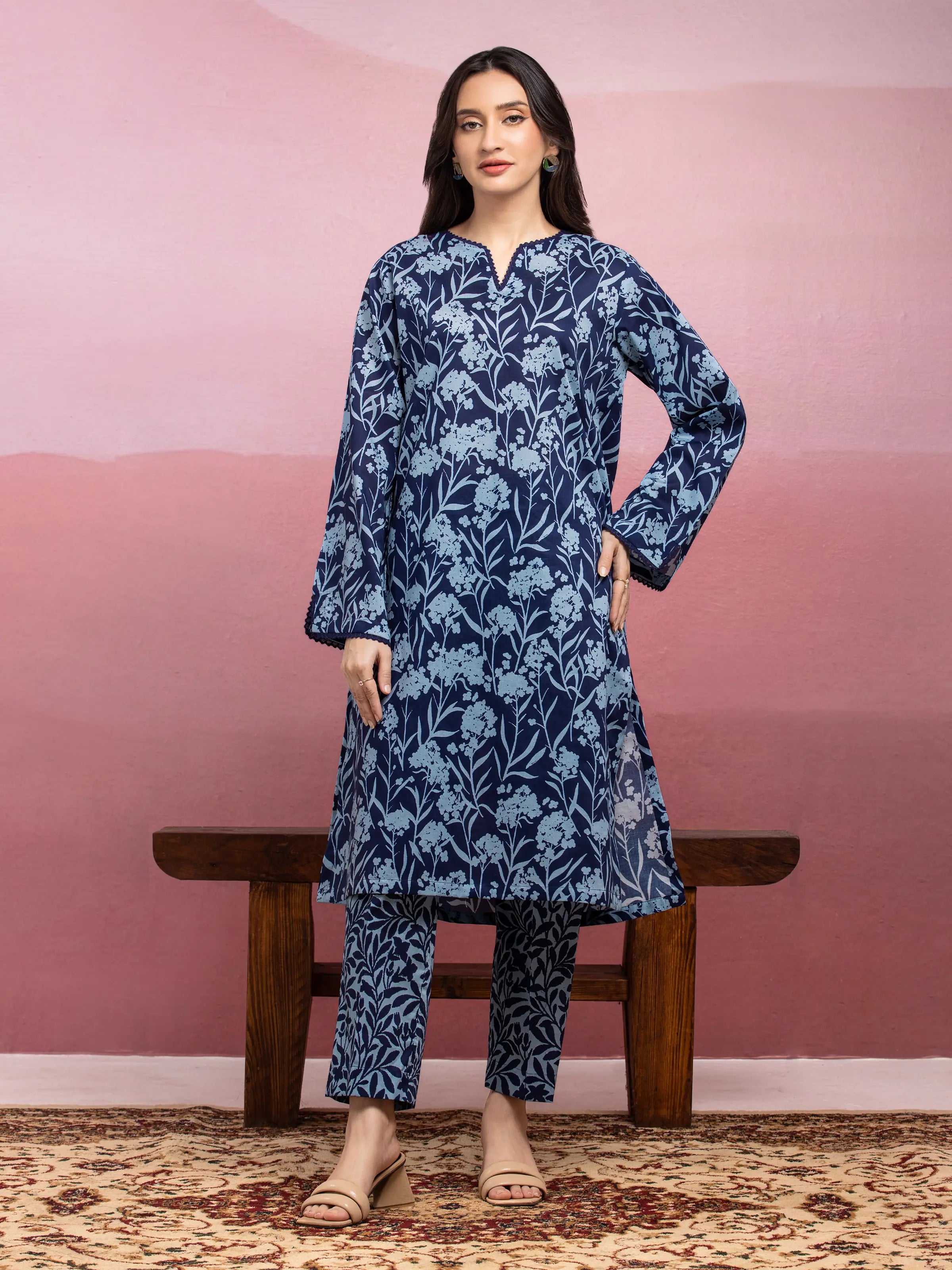 Unstitched Navy Blue Printed Lawn 2 Piece - EWU5A1-35423ST