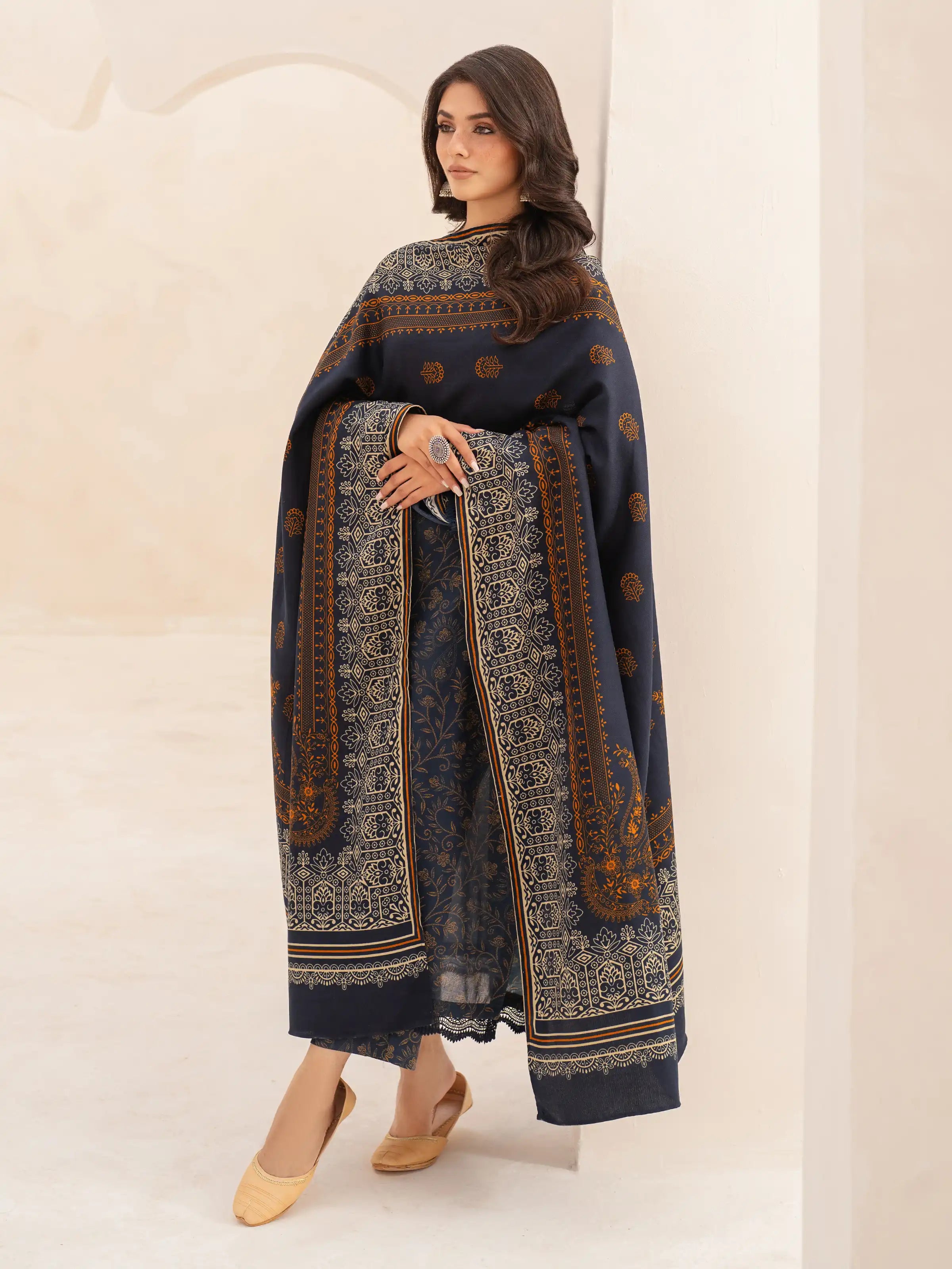 Unstitched Dark Navy Printed Khaddar 3 Piece - EWU24M3-084