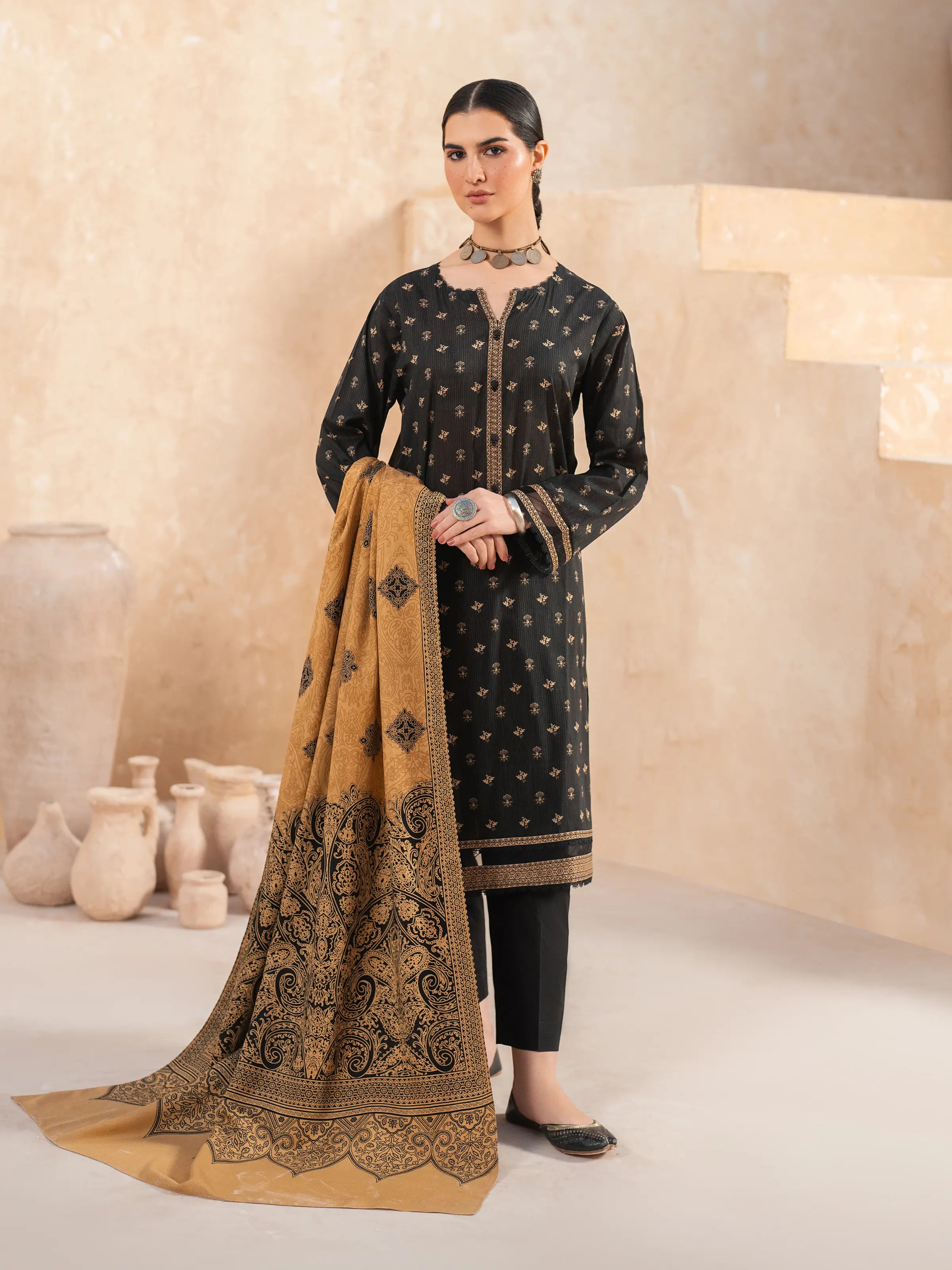 Unstitched Balck Printed Khaddar 3 Piece - EWU24M3-110