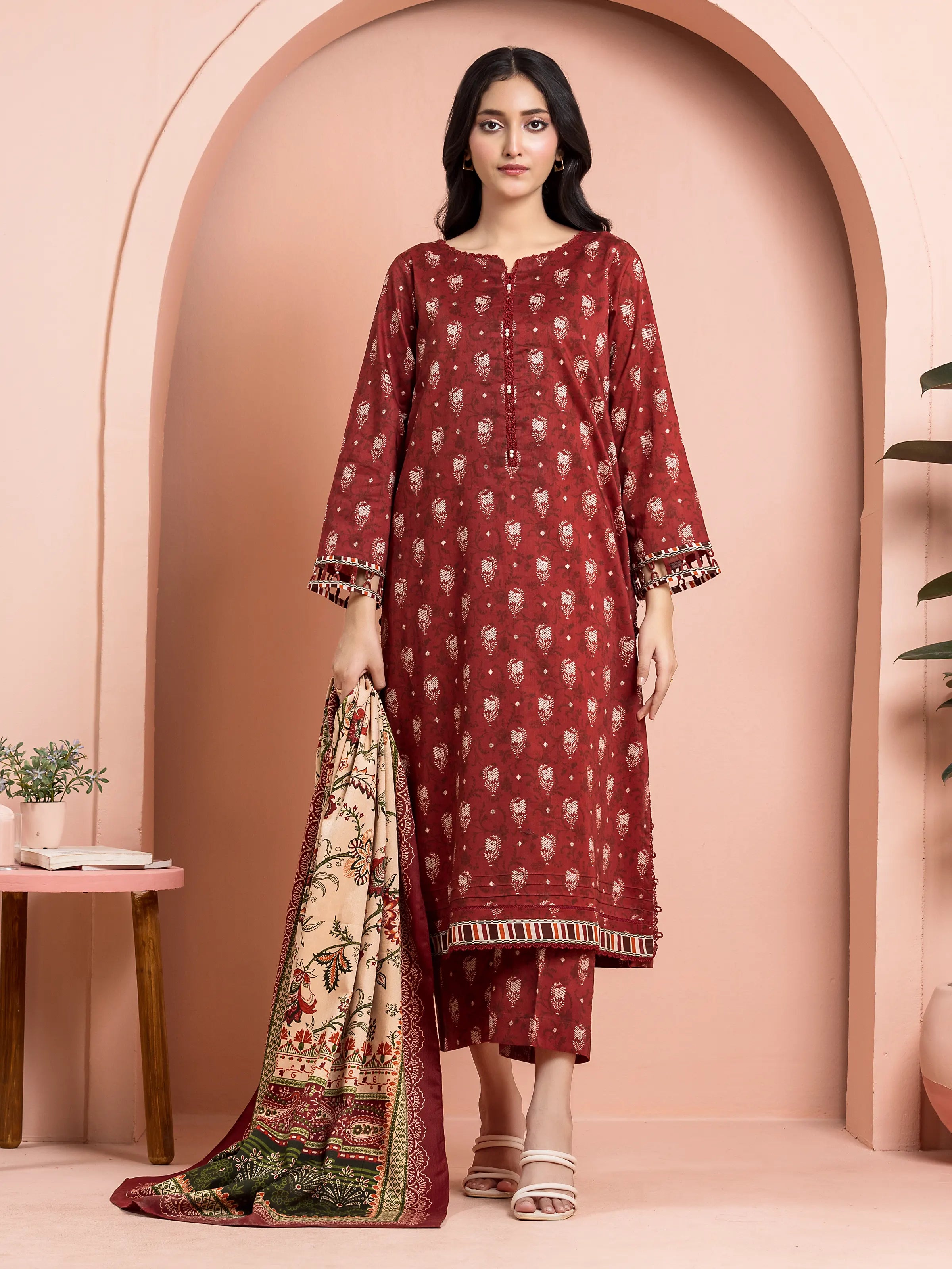 Unstitched Dark Maroon Printed Khaddar 3 Piece -  EWU24M3-074