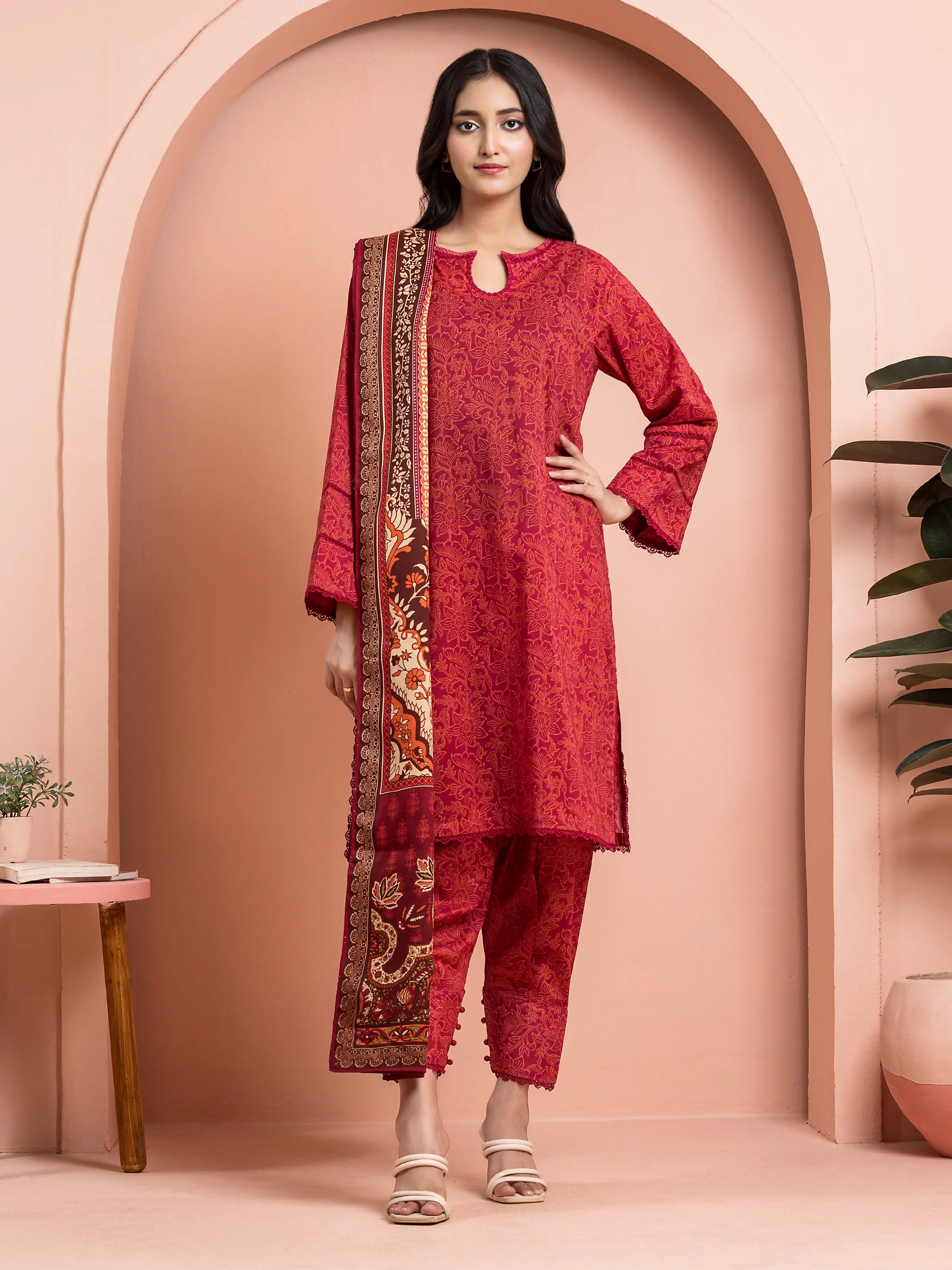 Unstitched Maroon Printed Khaddar 3 Piece -  EWU24M3-085