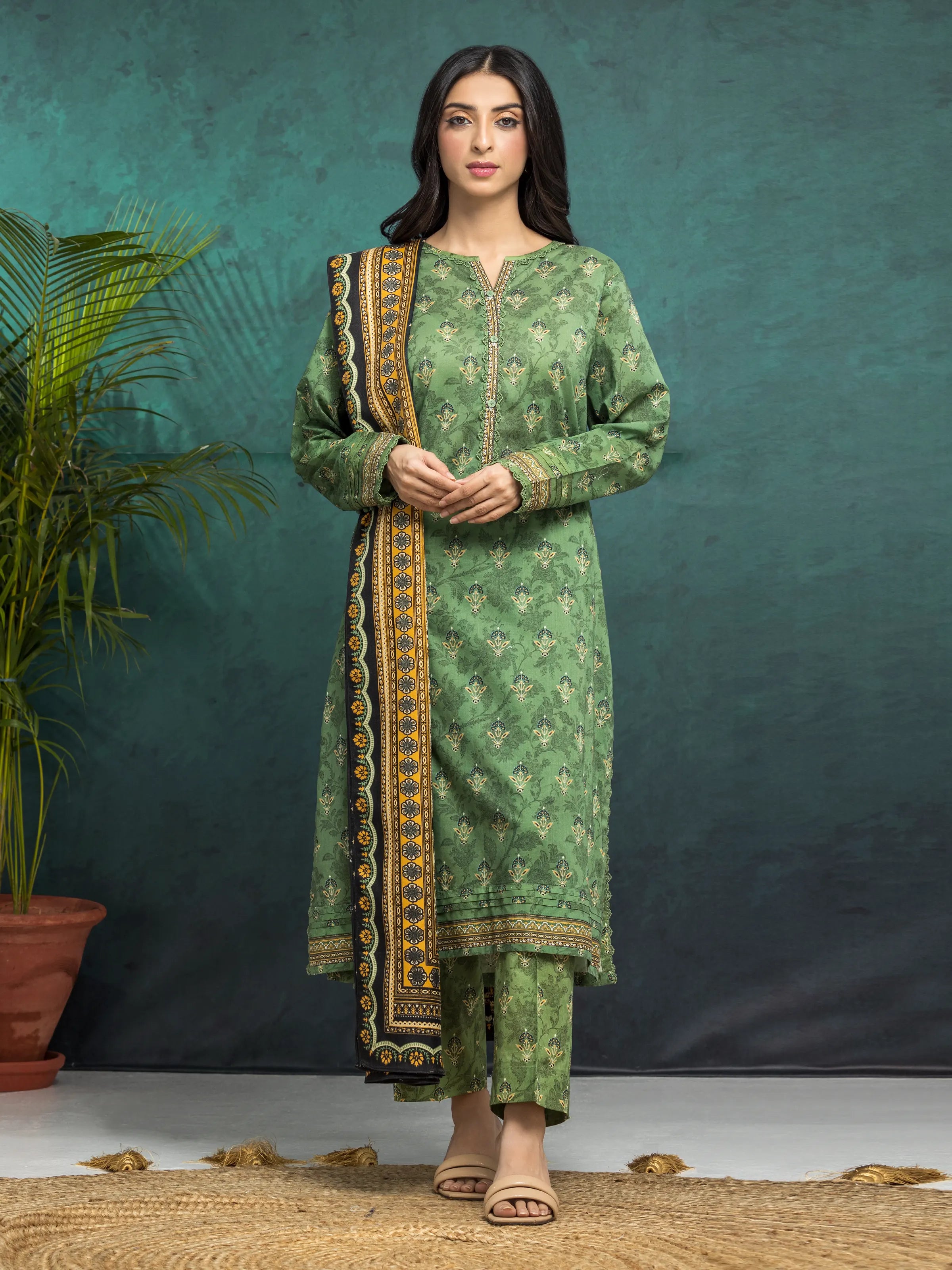 Unstitched Green Printed Khaddar 3 Piece - EWU24M3-086-3P