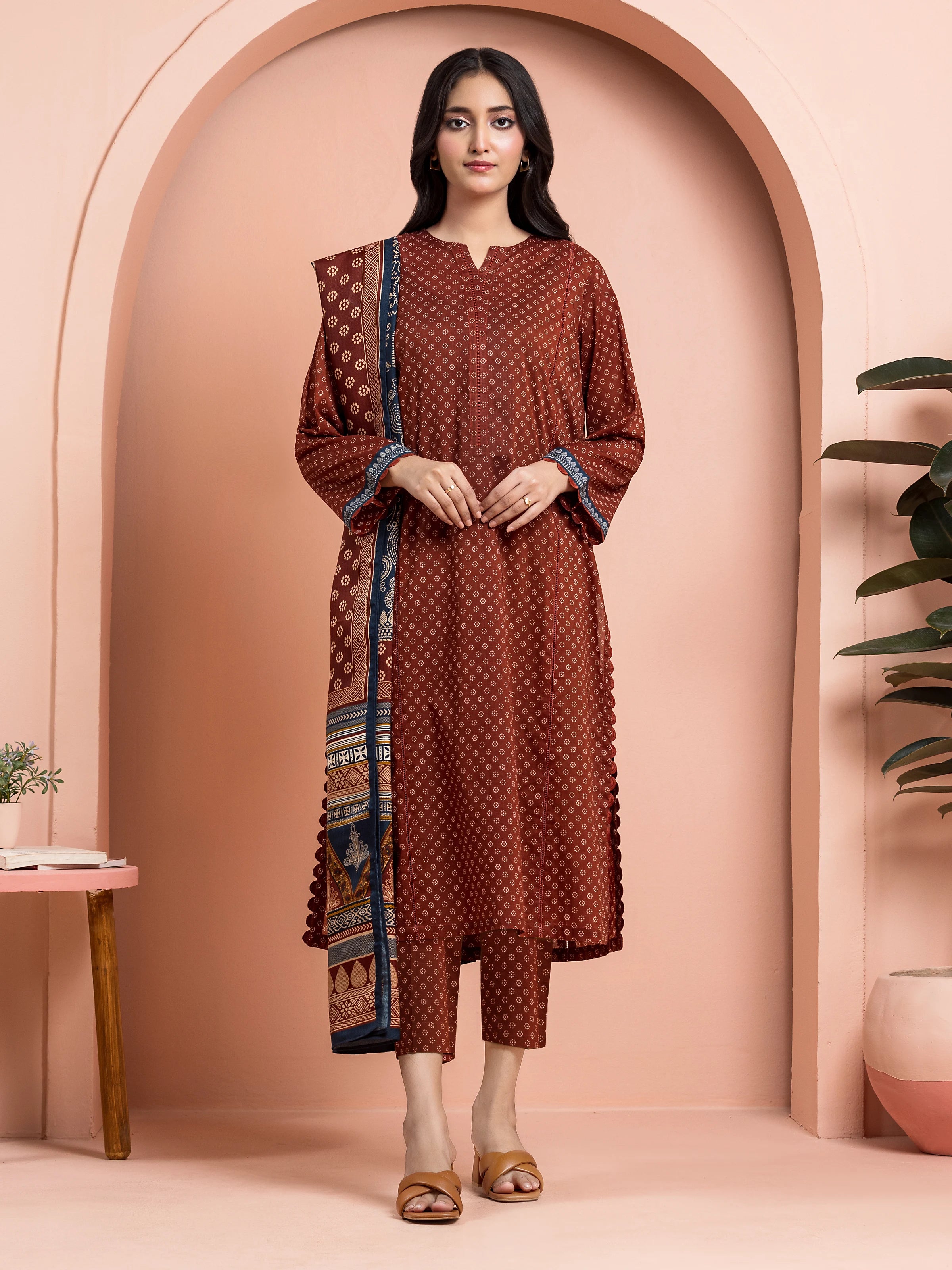 Unstitched Rust Printed Khaddar 3 Piece - EWU24M3-091