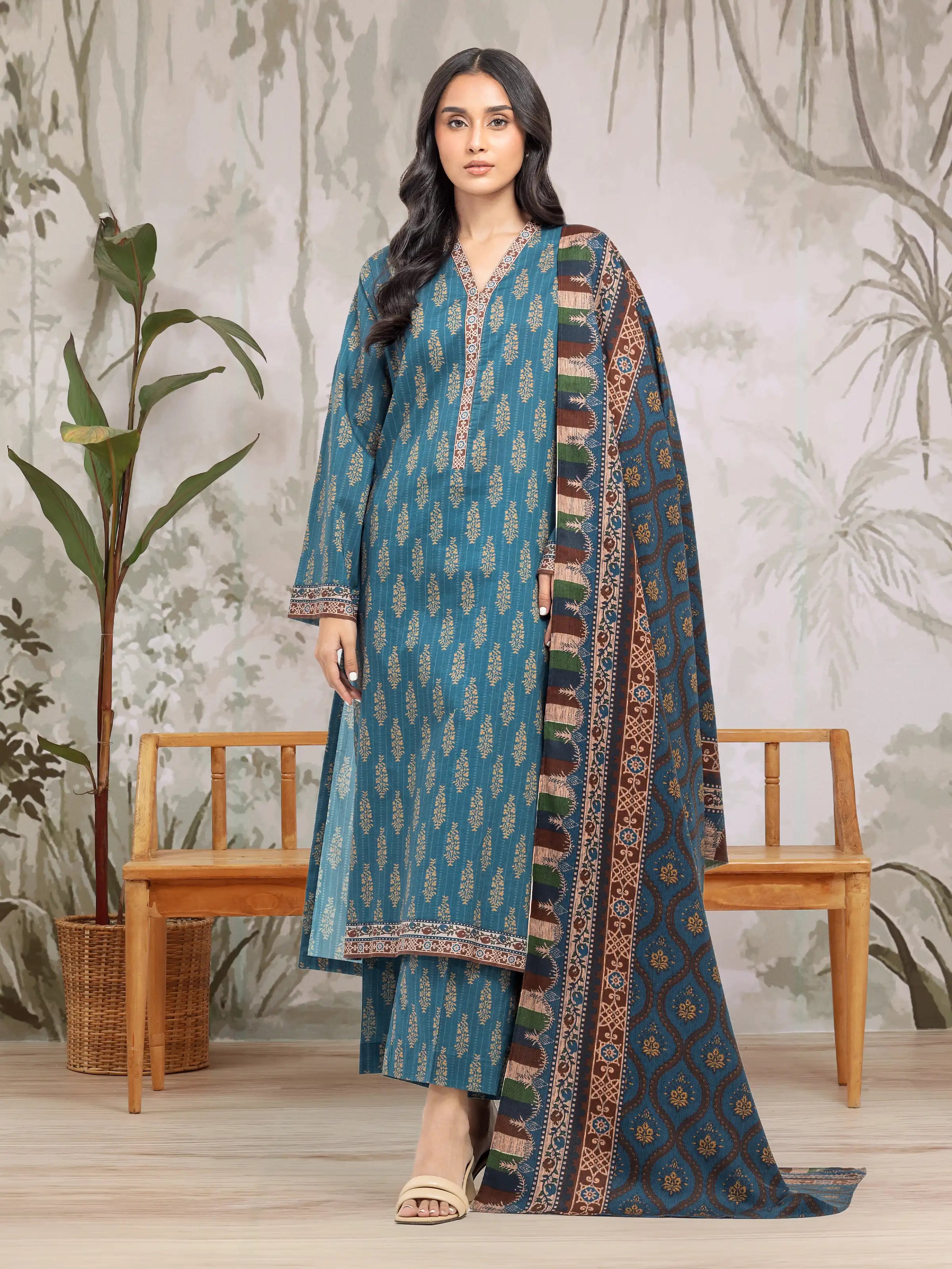 Unstitched Dark Turquoise Printed Khaddar 3 Piece - EWU24M3-094-3P