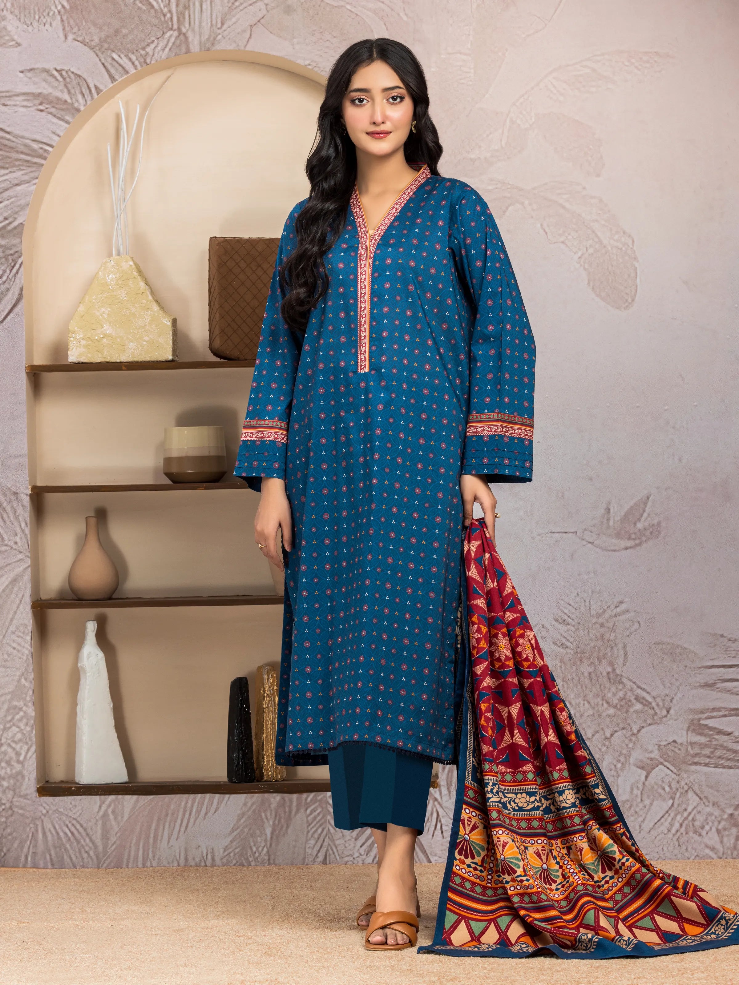 Unstitched Blue Printed Khaddar 3 Piece - EWU24M3-106-3P