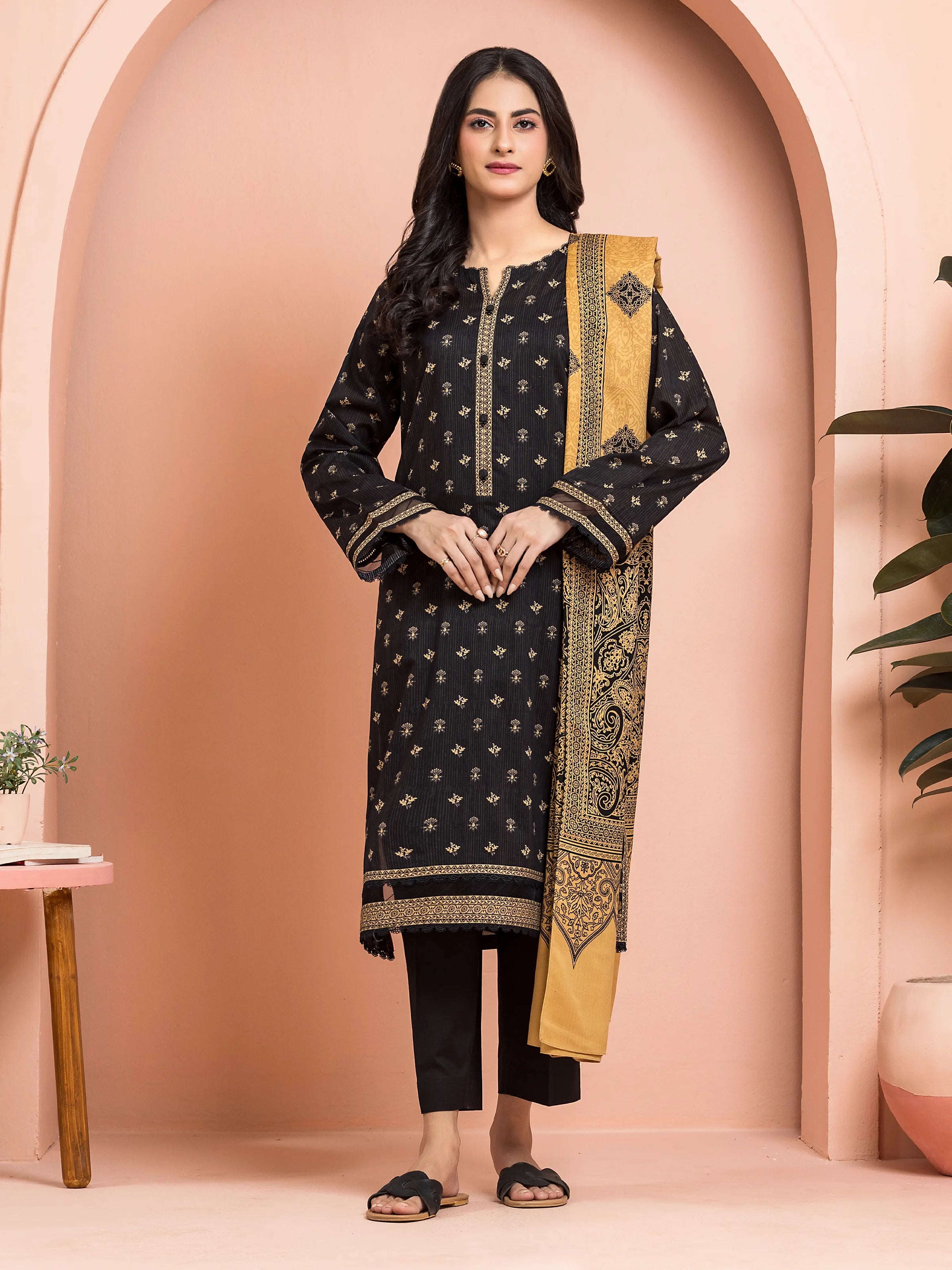 Unstitched Balck Printed Khaddar 3 Piece - EWU24M3-110