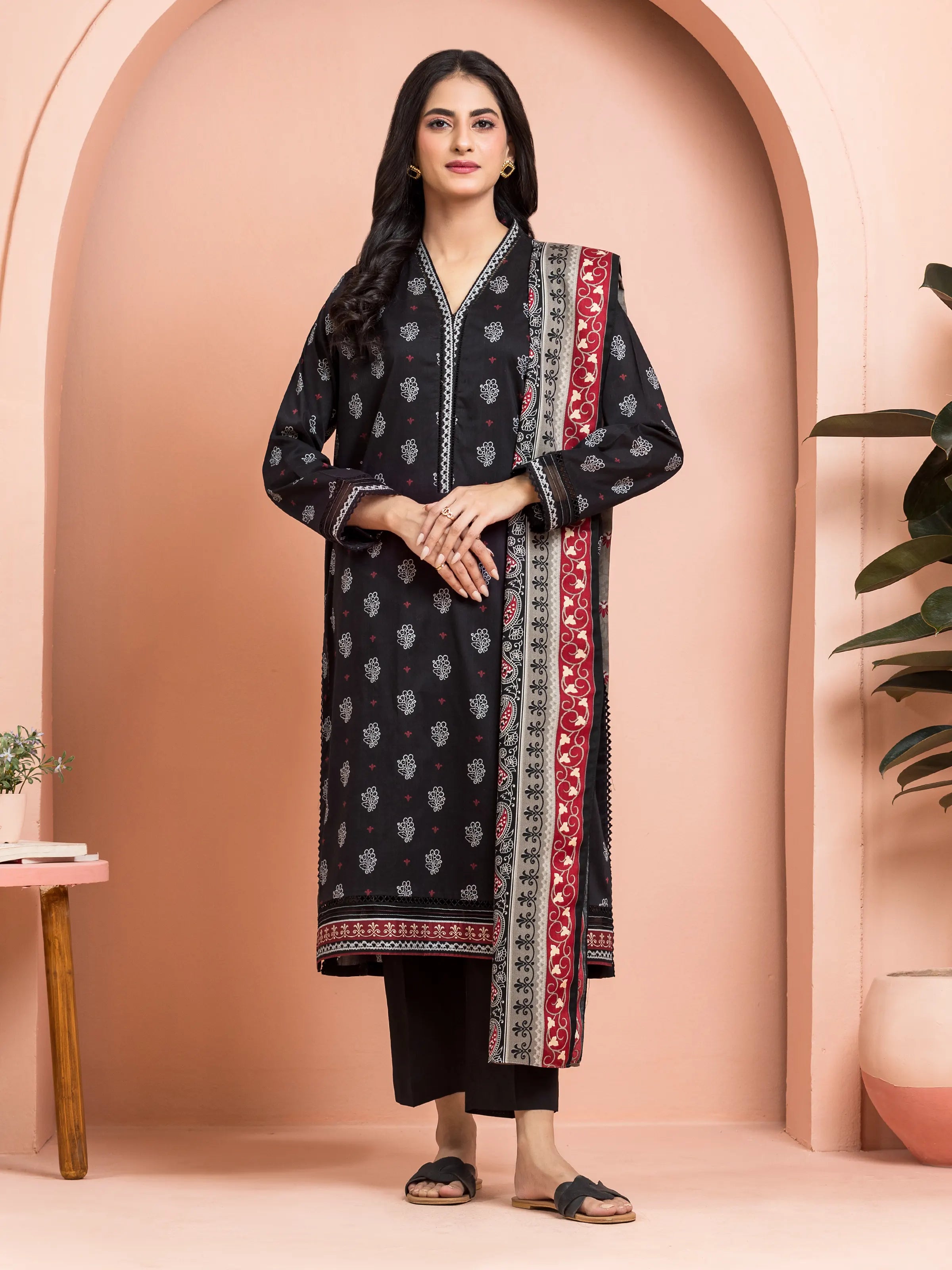 Unstitched Black Printed Khaddar 3 Piece - EWU24M3-120