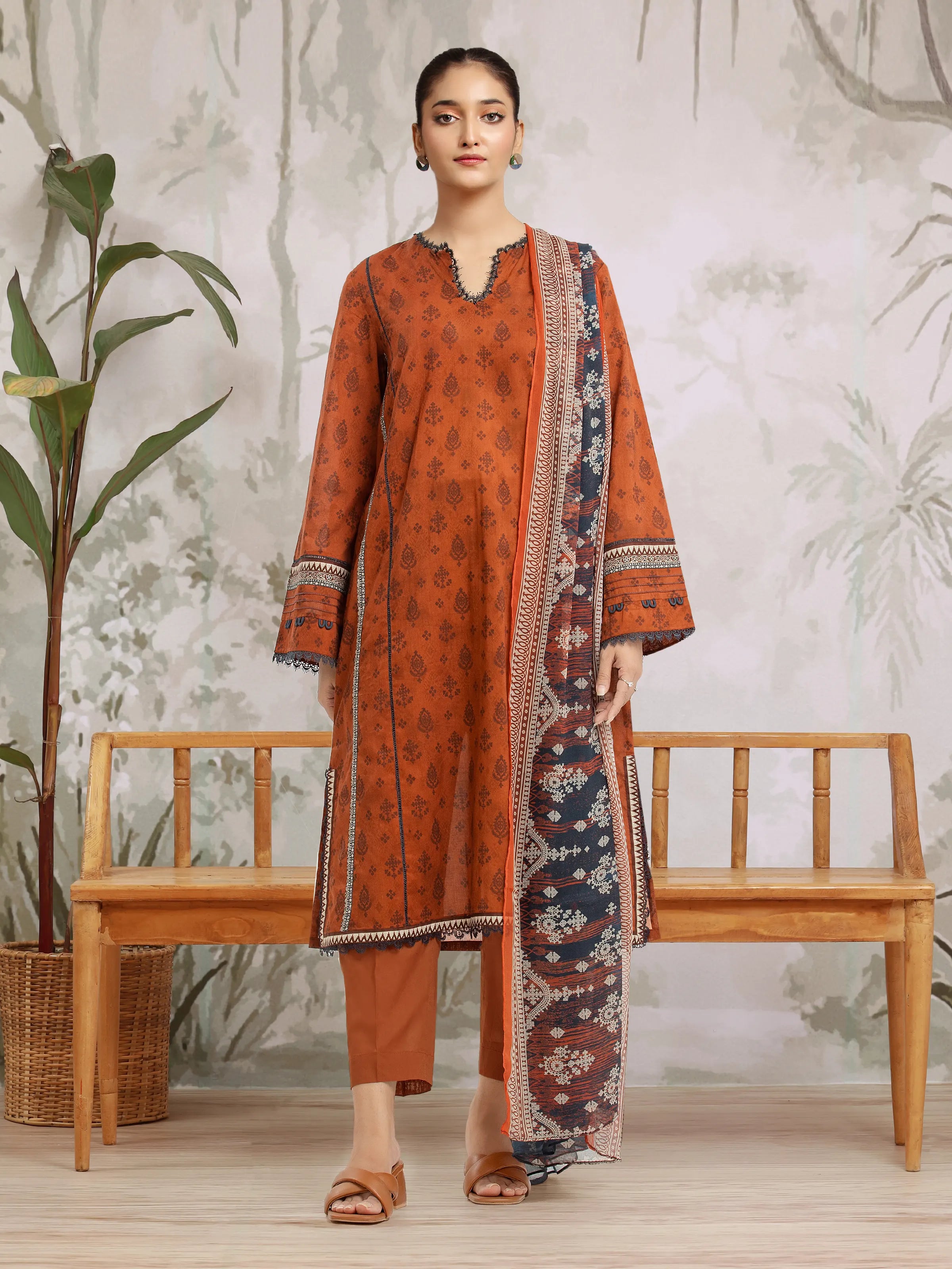 Unstitched Dark Rust Printed Khaddar 3 Piece - EWU24M2-195-3P