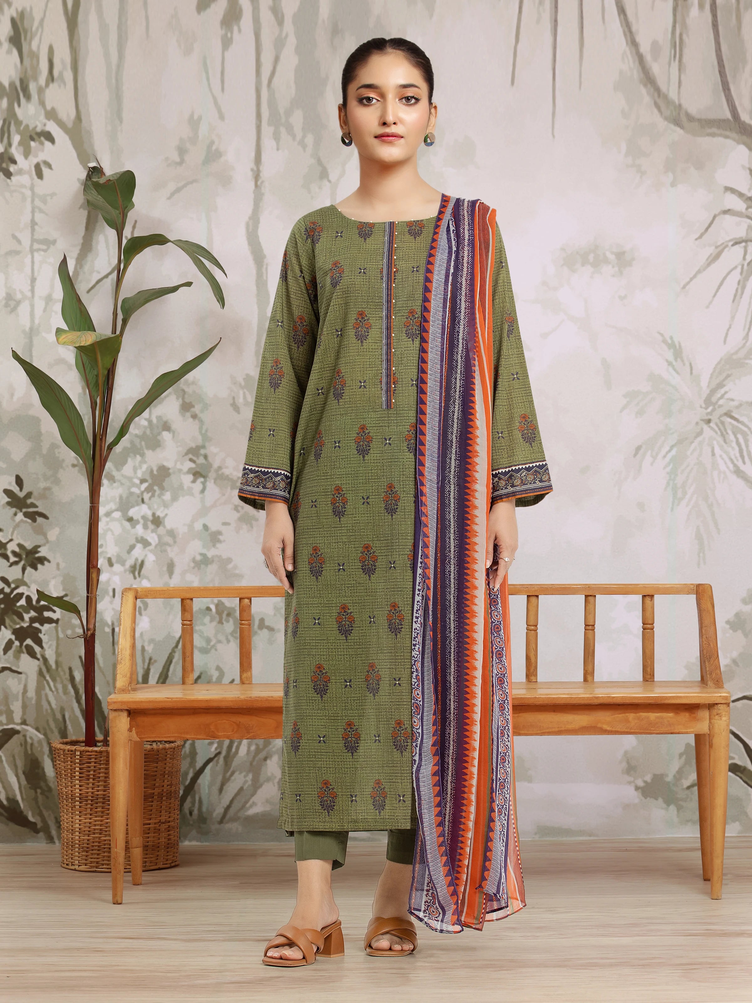 Unstitched Green Printed Khaddar 3 Piece - EWU24M2-197-3P