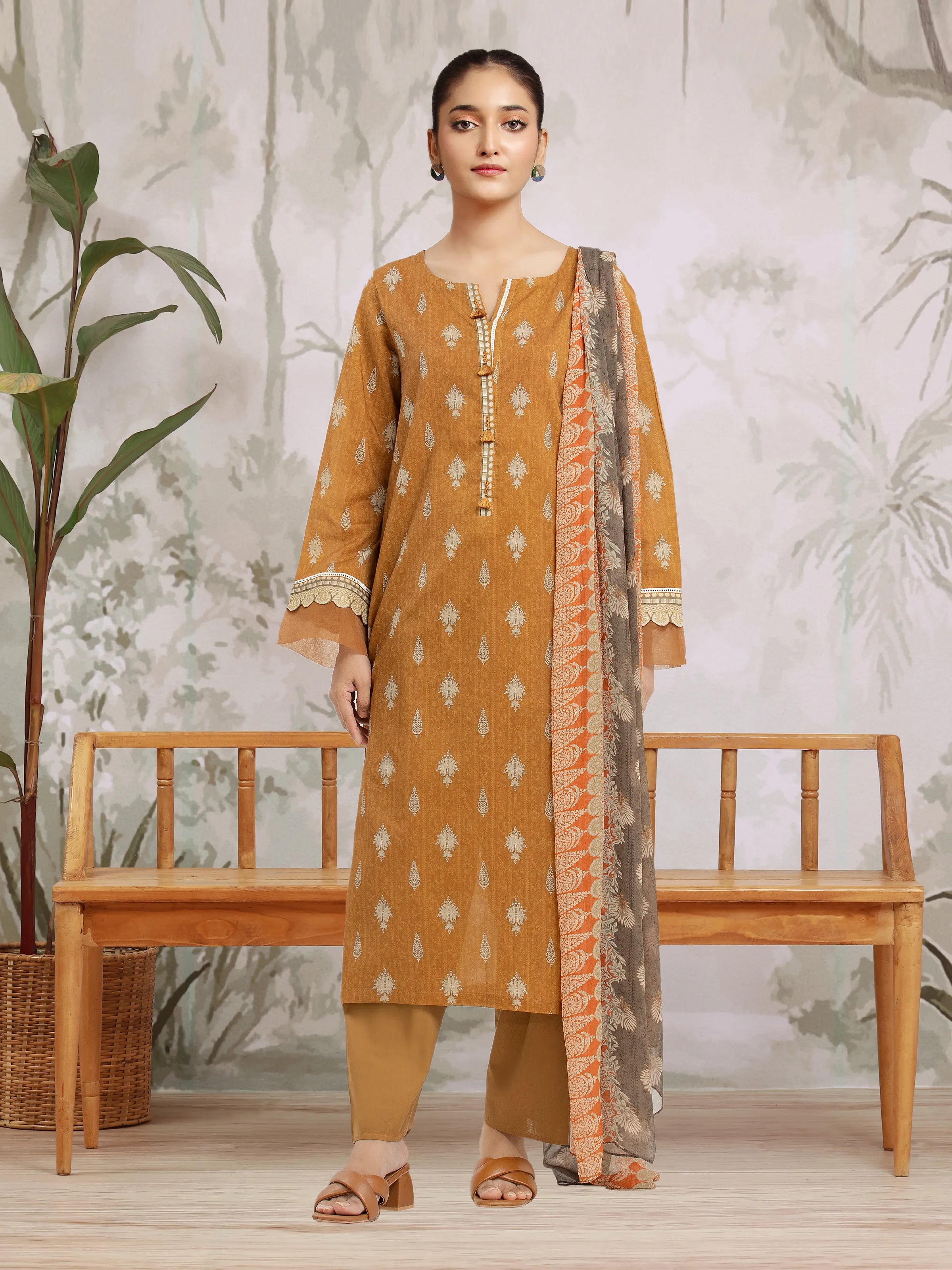 Unstitched Mustard Printed Khaddar 3 Piece - EWU24M2-198-3P