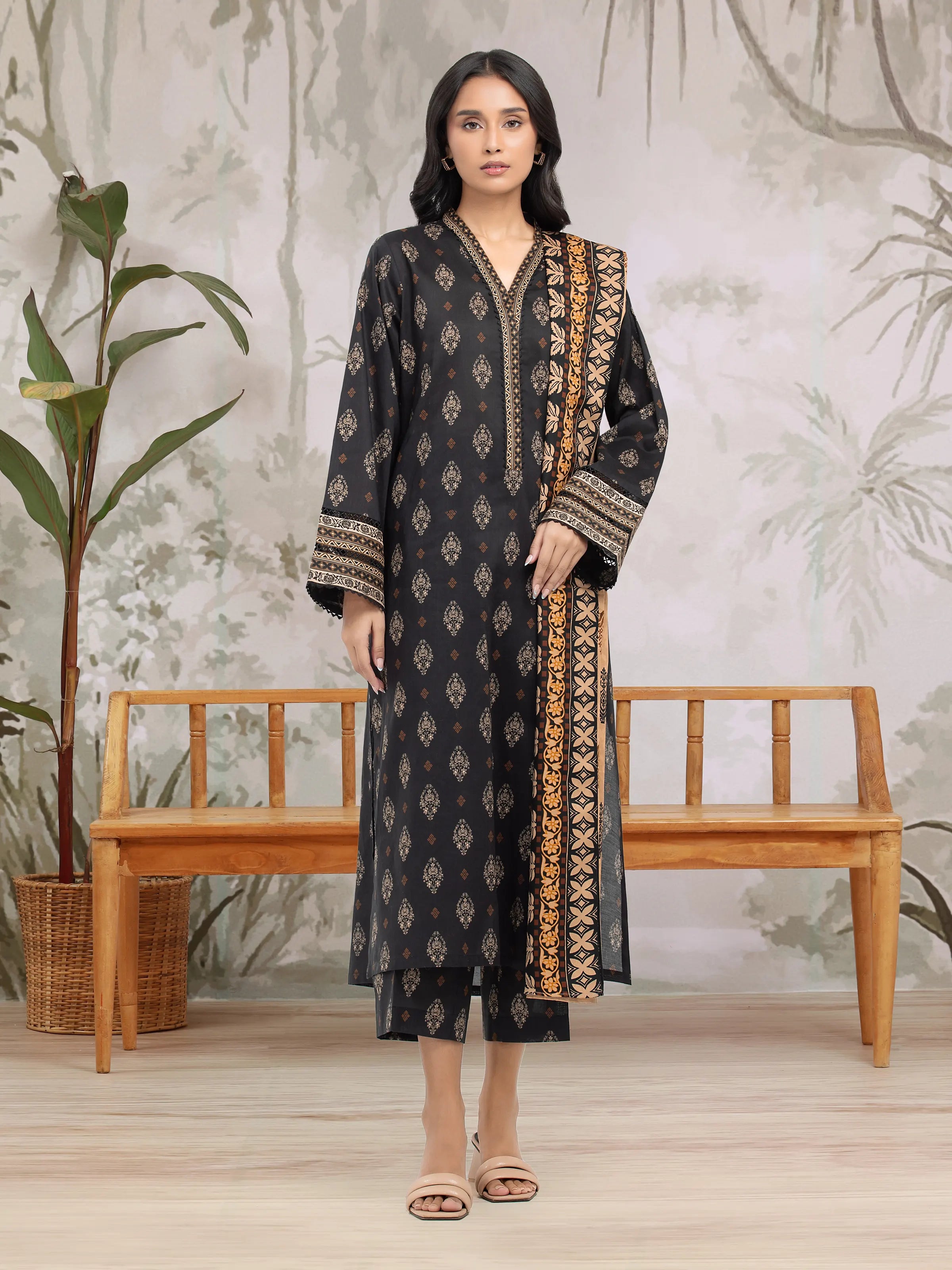 Unstitched Black Printed Khaddar 3 Piece - EWU24M3-078-3P