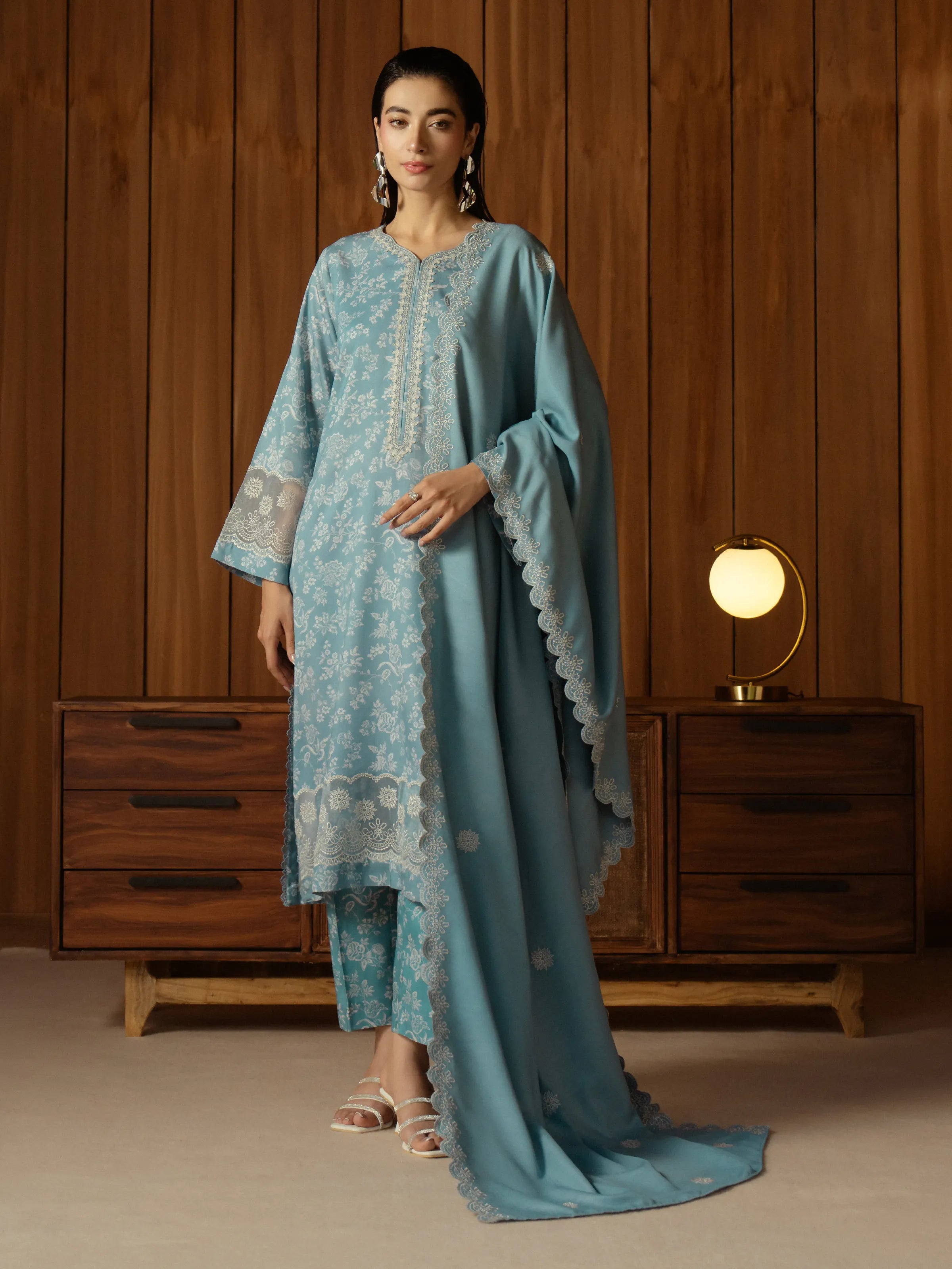 Unstitched Aqua Embroidered Marina Twill 3 Piece - EWU24V14-30183-3P