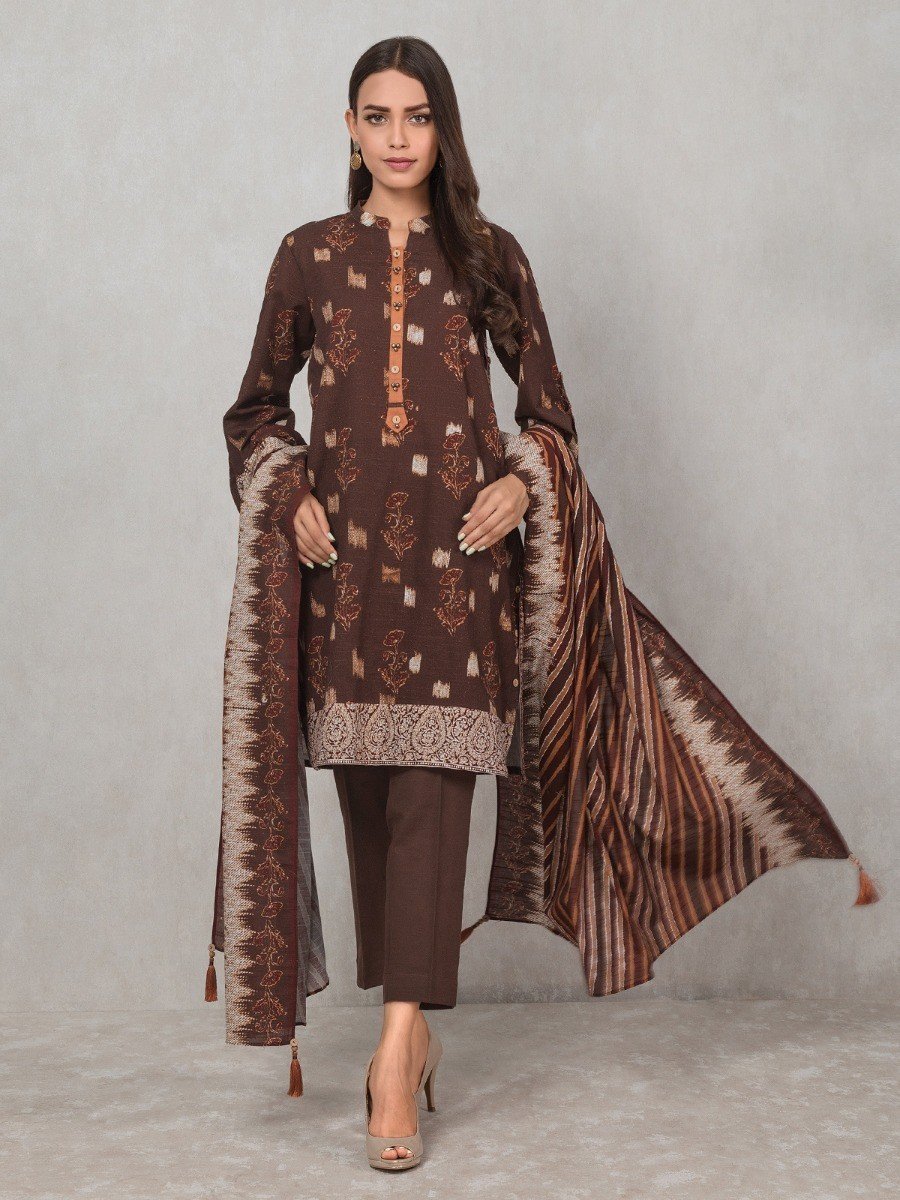 EWU20A10-20297 Unstitched Brown Printed Khaddar 3 Piece