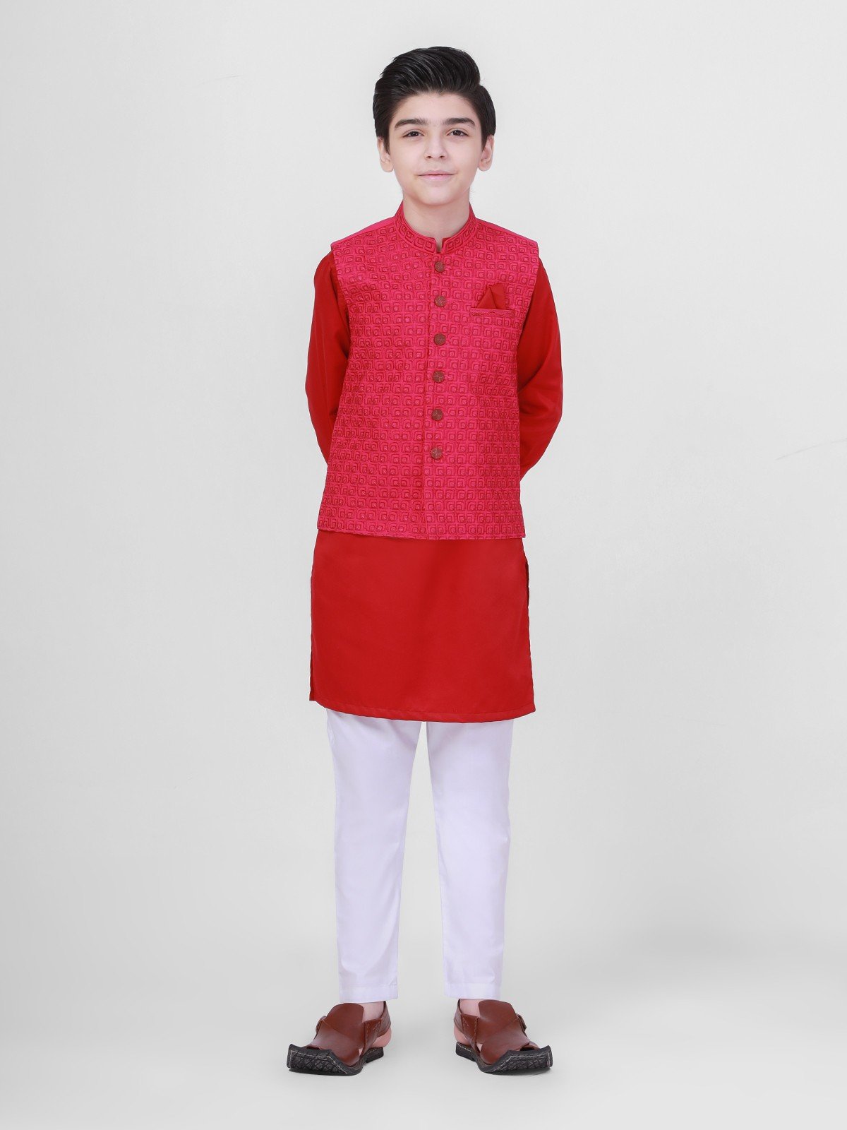 Boy's Pink & Red Waist Coat Suit - EBTWCS21-25132