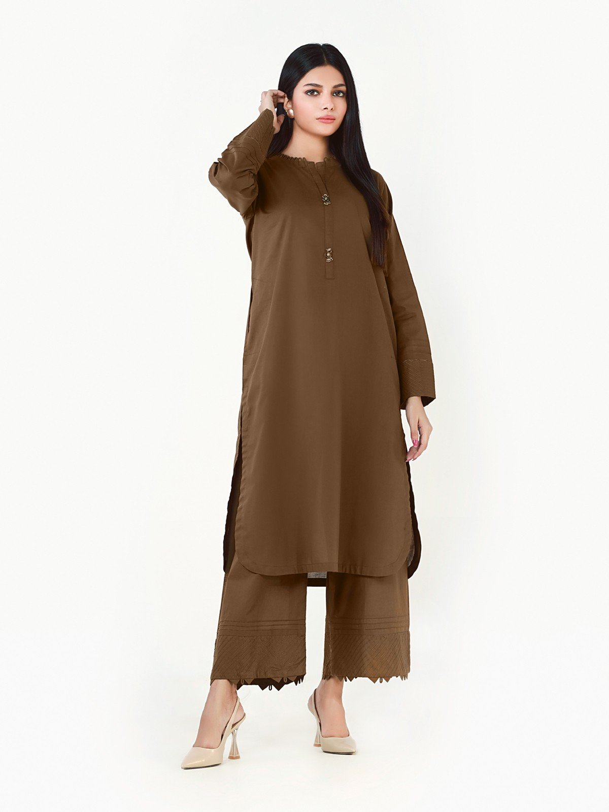 Mehndi Plain Shirt Trouser Co-Ord Set - EWTK22-68134 (2-Pcs)