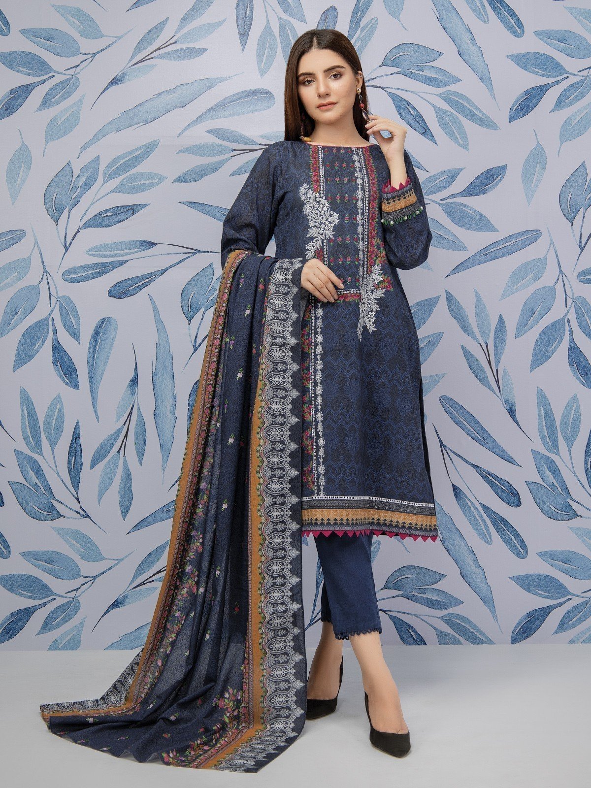 EWU21V8-21638 Unstitched Navy Blue Embroidered Cotail 3 Piece