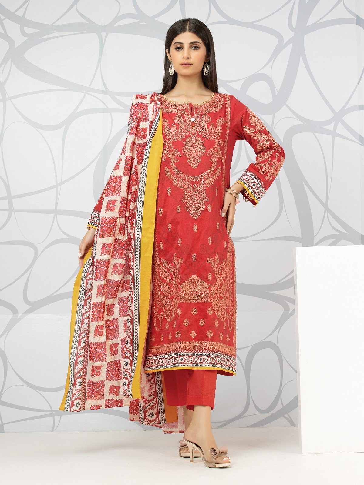 EWU22V1-23623 Unstitched Red Embroidered Lawn 3 Piece