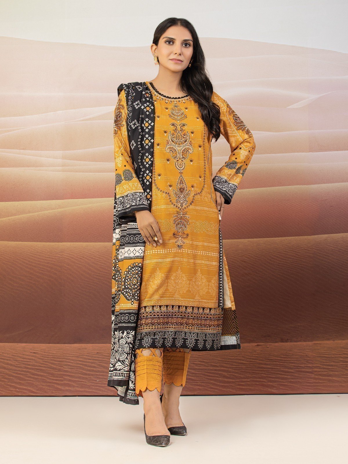 EWU22V10-25016 Unstitched Mustard Embroidered Crepe 3 Piece