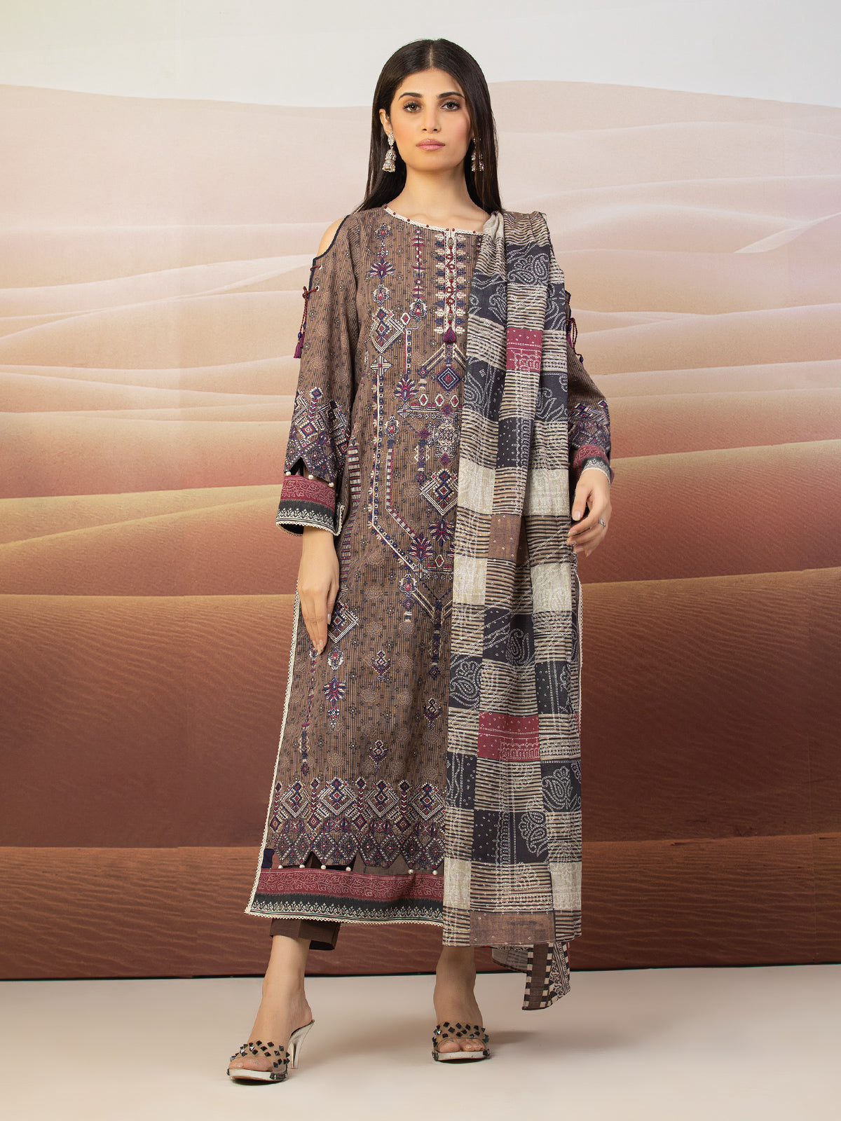 EWU22V10-25017S Unstitched Light Brown Embroidered Crepe 1 Piece