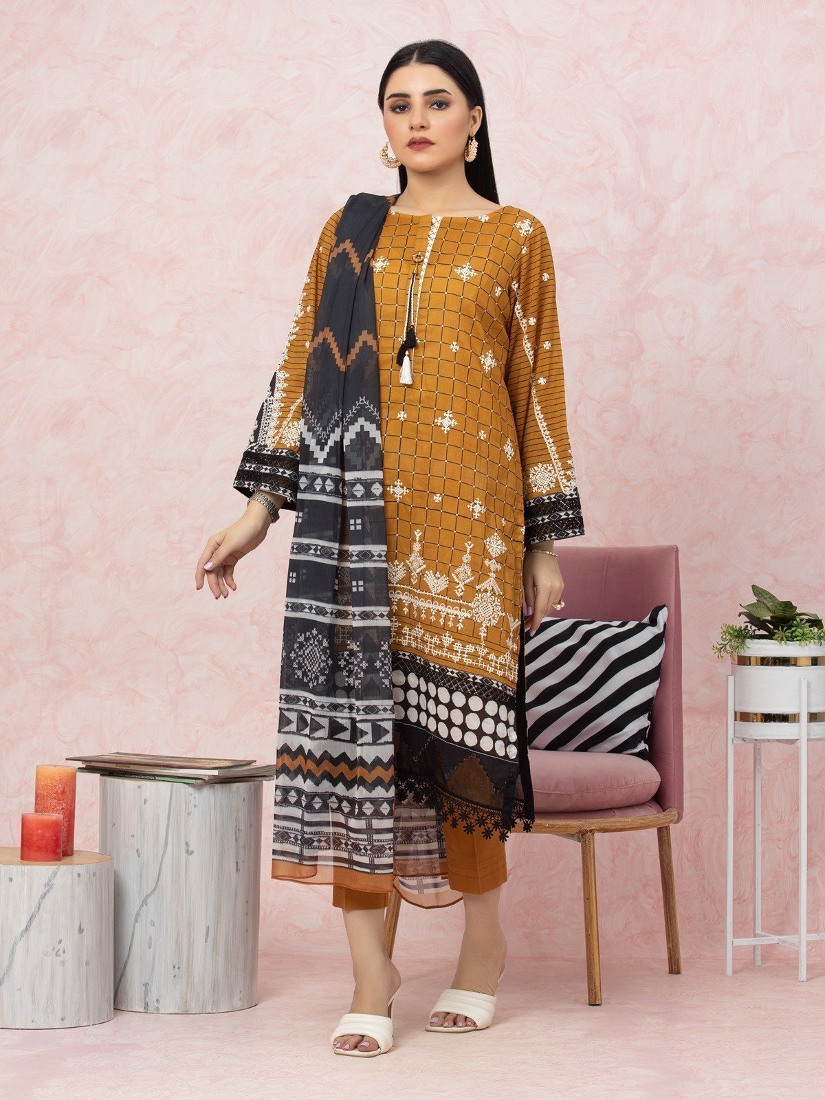 EWU22V1-26547 Unstitched Brown Embroidered Lawn 3 Piece